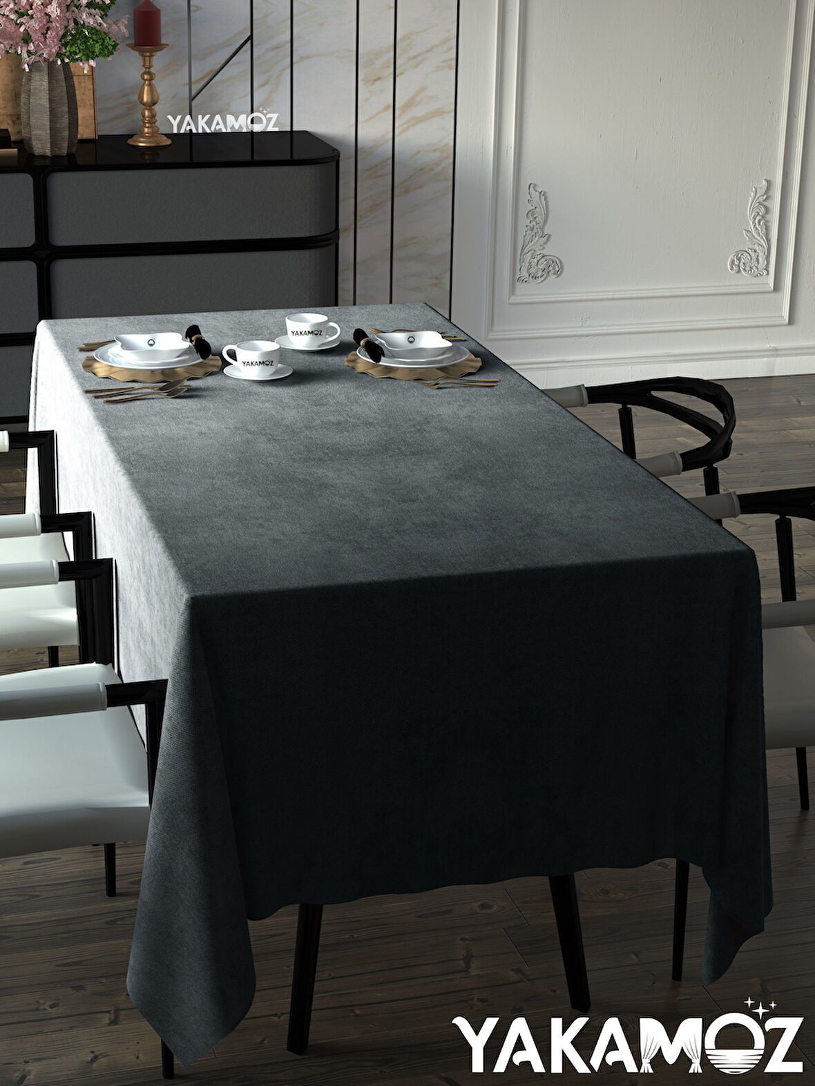 Yakamoz Gümüş Grisi Kadife Dokulu Masa Örtüsü  Dertsiz Velvet Touch Serisi 