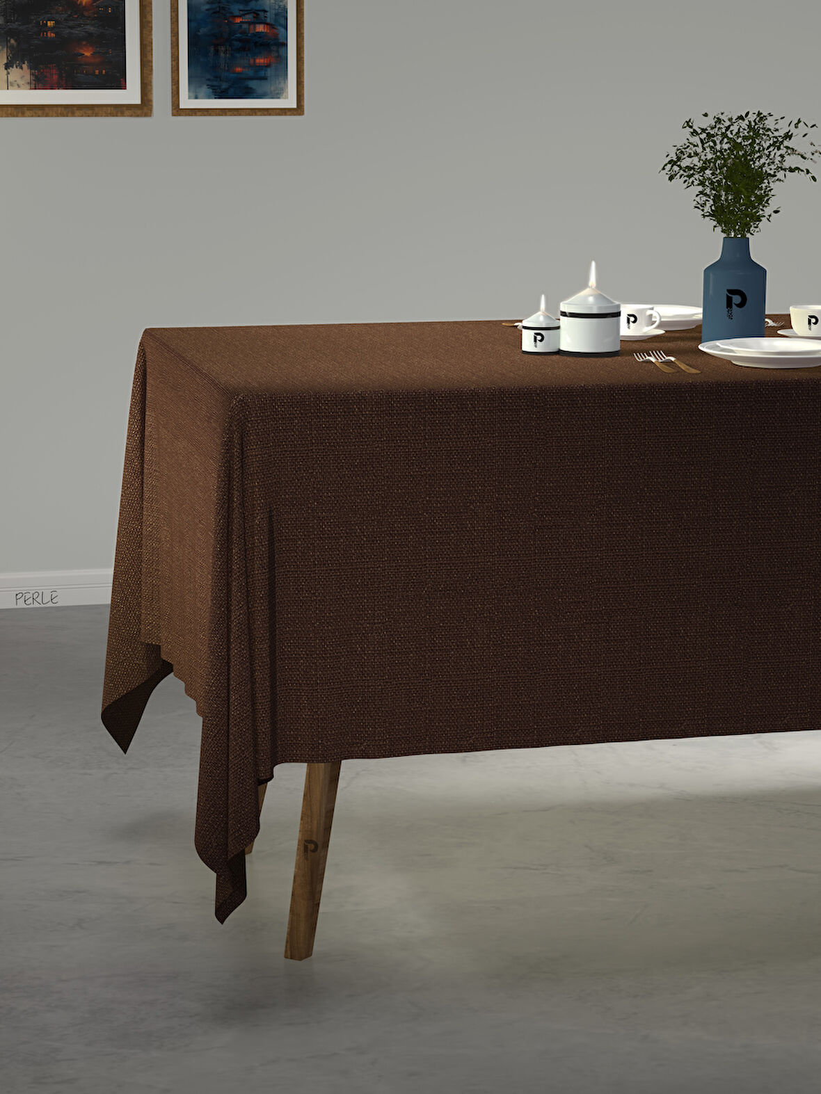 PERLE Kahverengi Keten Dokulu Masa Örtüsü