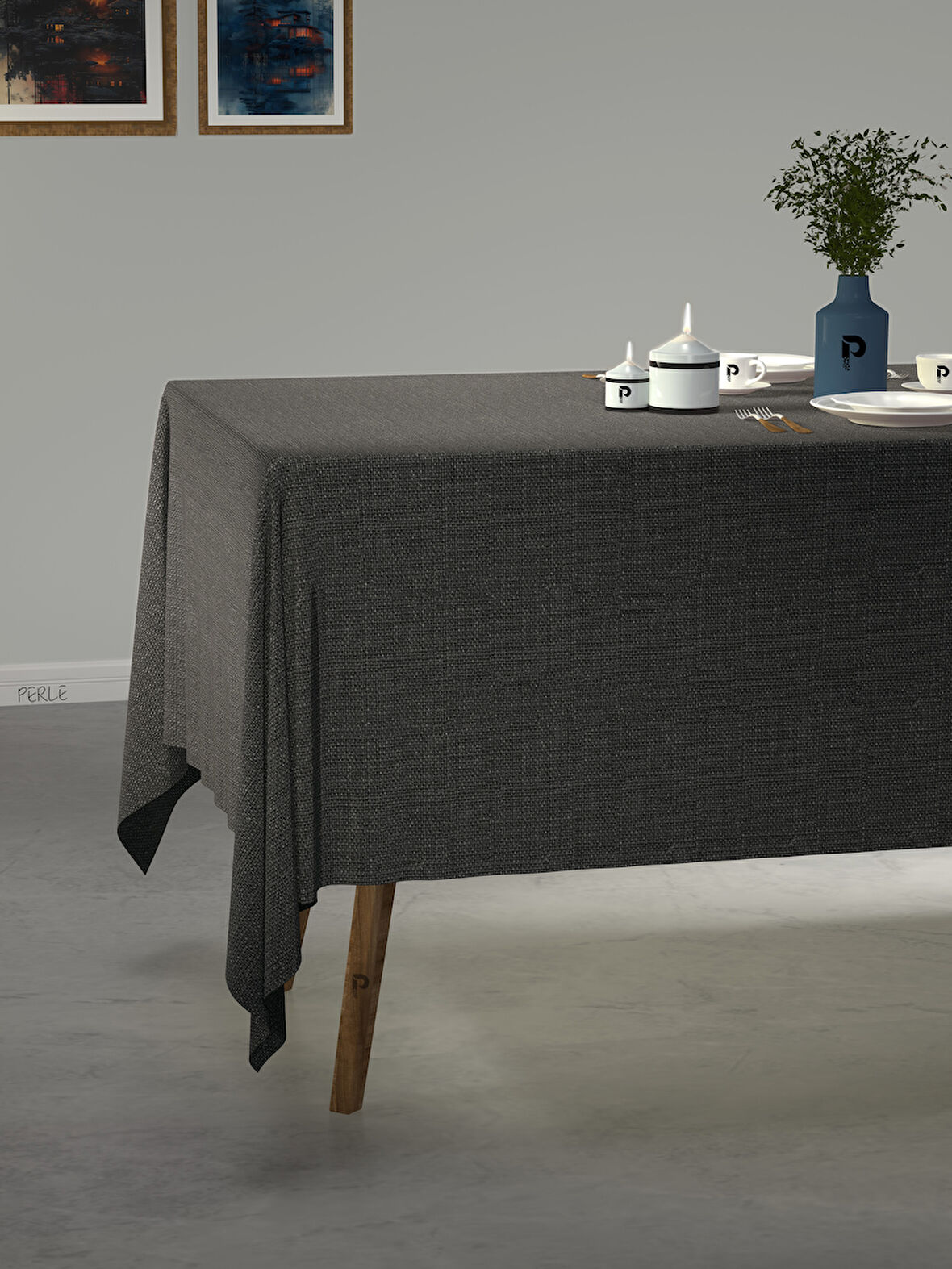 PERLE Koyu Gri Keten Dokulu Masa Örtüsü