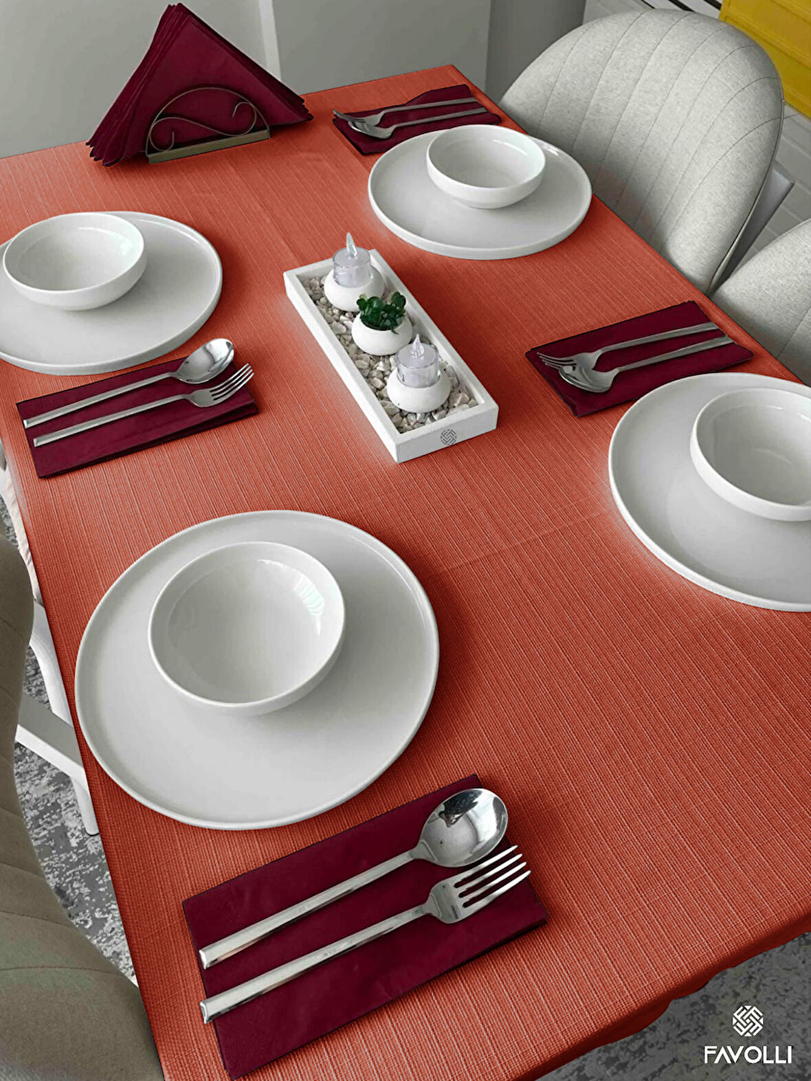 FAVOLLİ Keten Dokulu Kiremit Rengi Masa Örtüsü Dertsiz