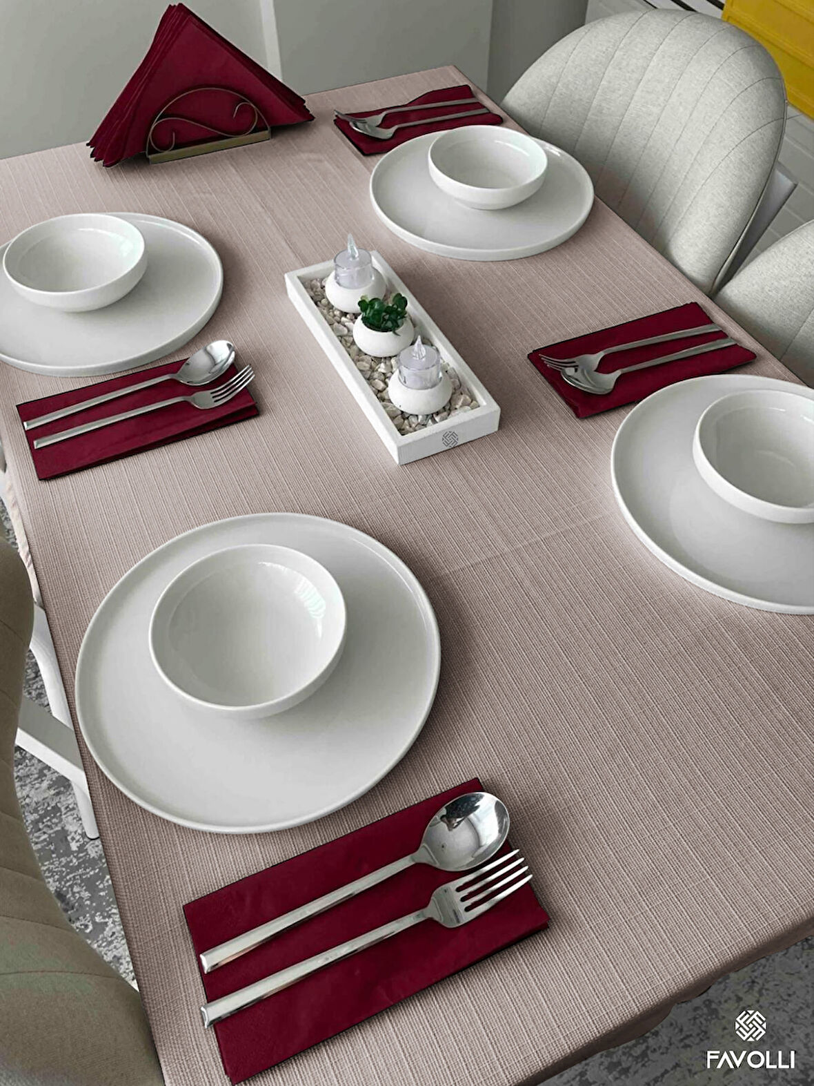 FAVOLLİ Keten Dokulu Taş Rengi Masa Örtüsü Dertsiz