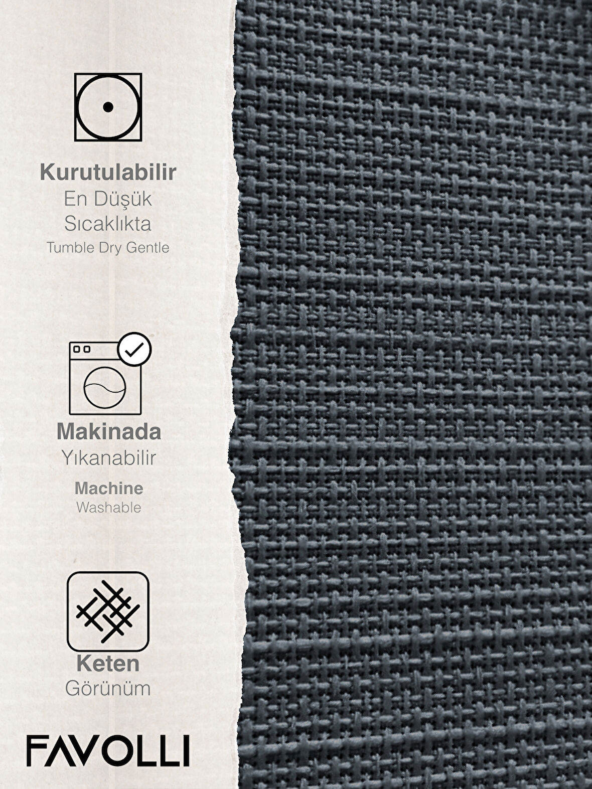 FAVOLLİ Keten Dokulu Koyu Gri Masa Örtüsü Dertsiz