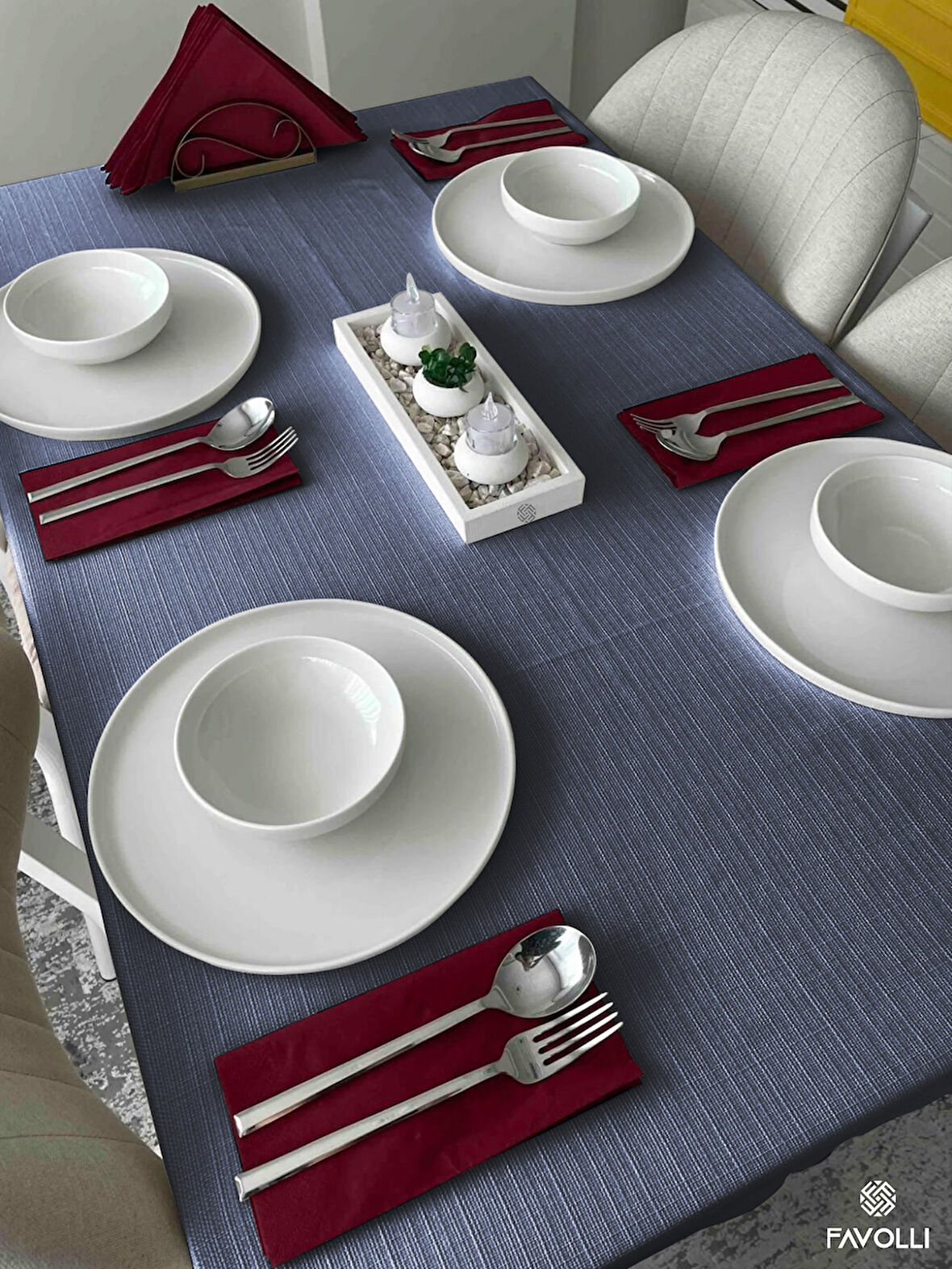 FAVOLLİ Keten Dokulu İndigo Masa Örtüsü Dertsiz