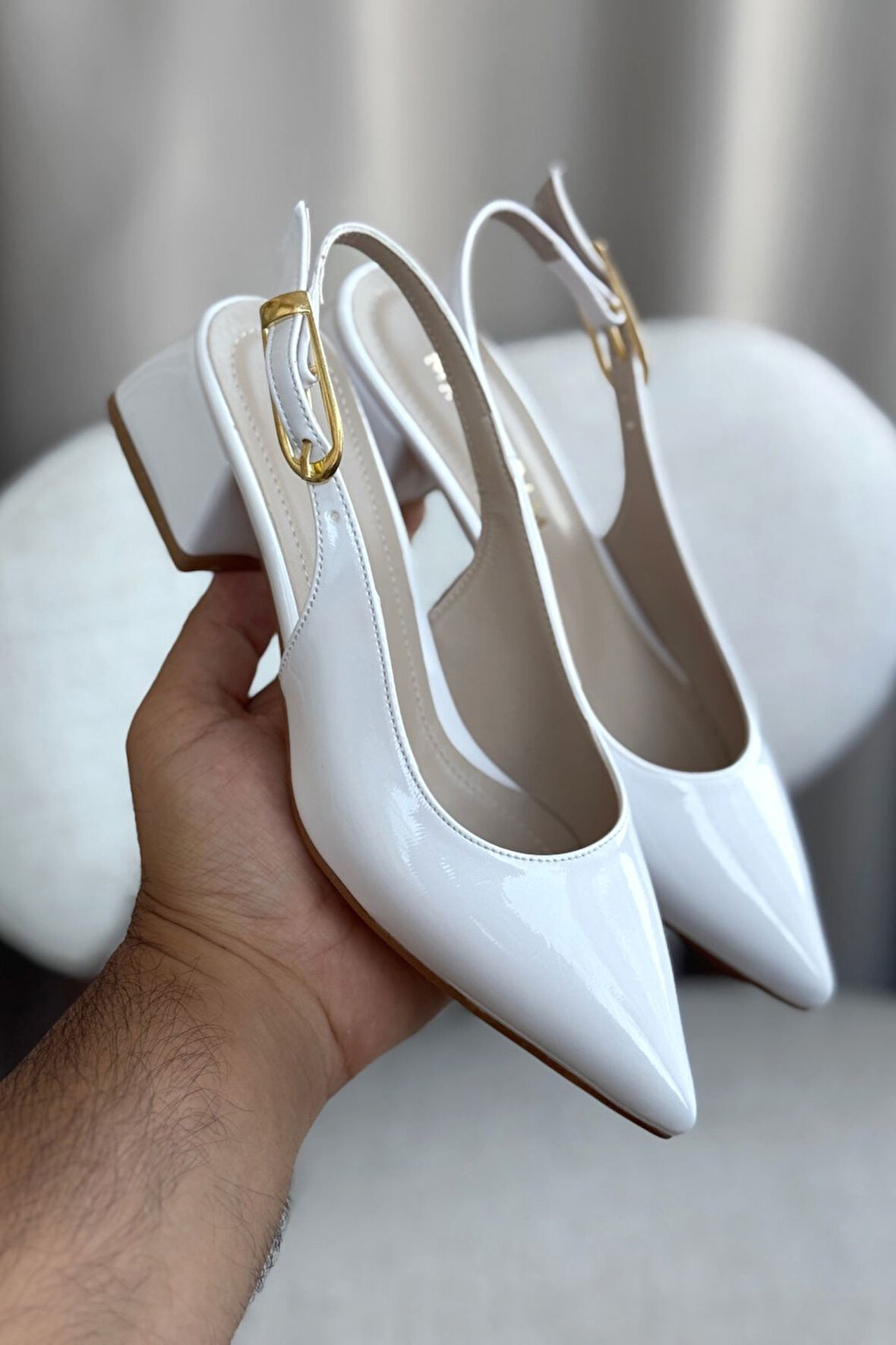 Kadın Mely Tokalı Kısa Topuklu Ayakkabı - Beyaz-Rugan