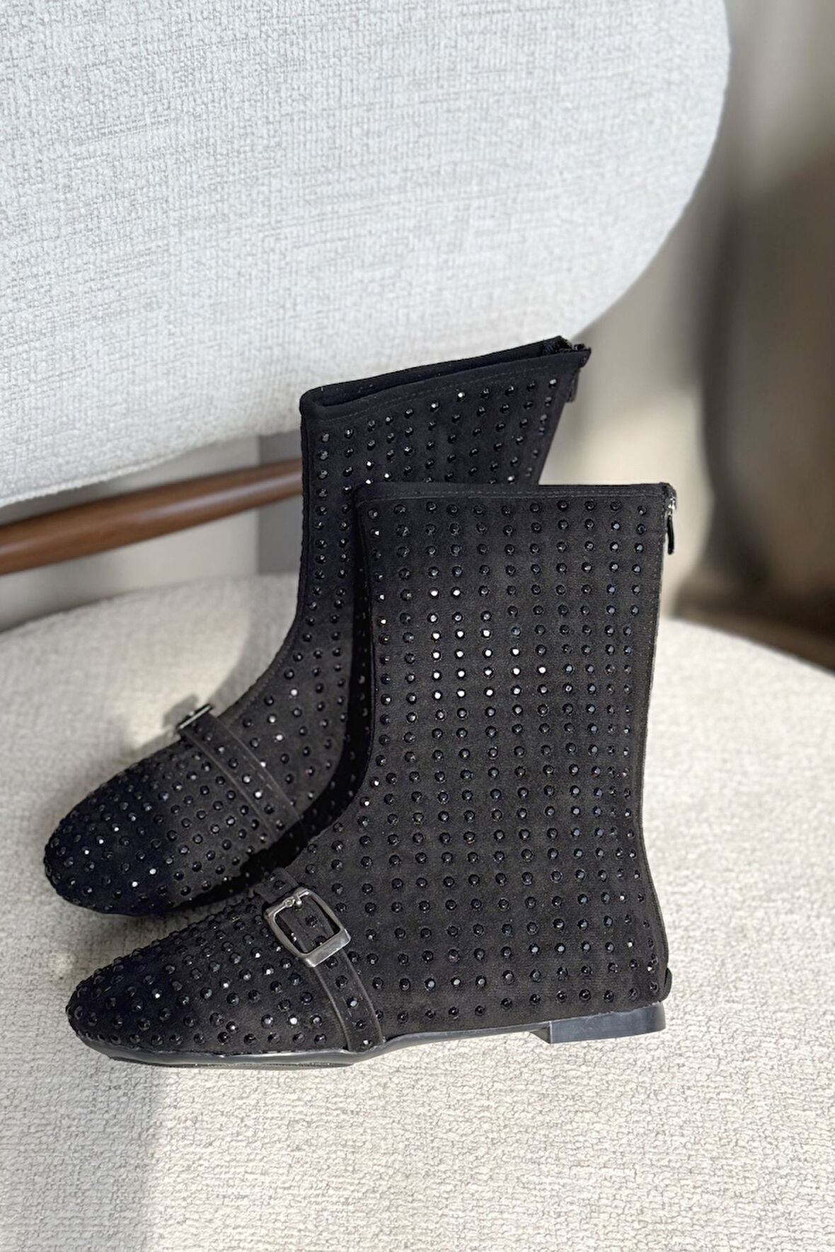 Kadın Geste Taşlı Düz Taban Bot - Siyah