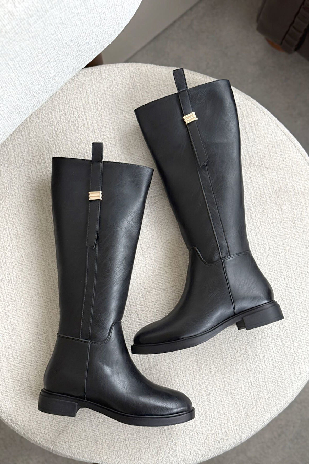 Kadın Gail Düz Tabanlı Tokalı Çizme - siyah-deri