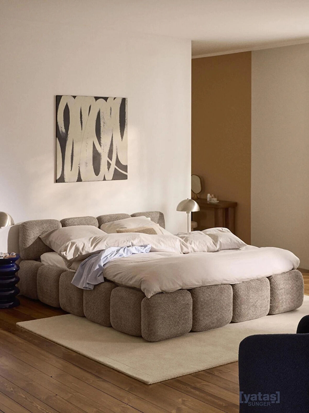Most Oktagon Bazalı Karyola Kahverengi Bukle Kumaş Işbir Kuştüyü Sünger 160x200 Yatak Için(KURULUM DAHİL)