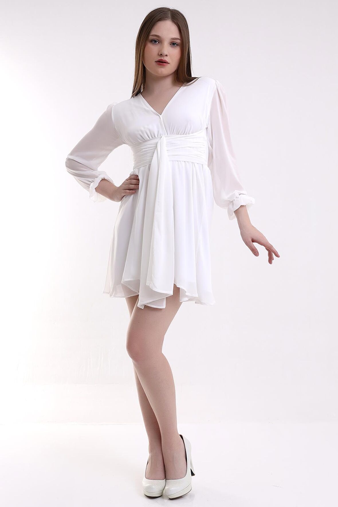 Beyaz Şifon Kuşak Detaylı Mini Abiye Elbise Tasarım Hediye Büyük Beden Bayram