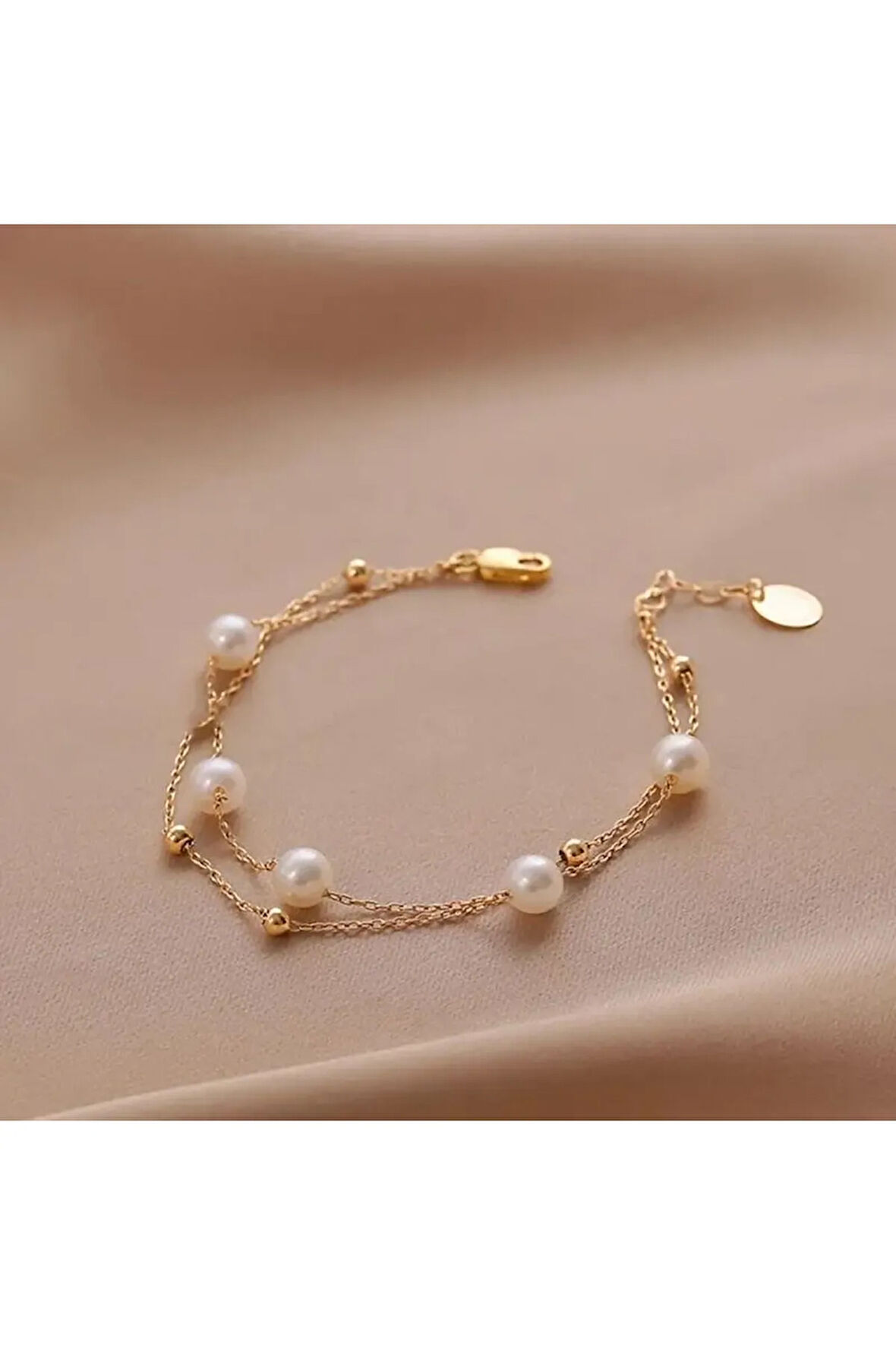 Gold Renk Çoklu İnci Detaylı Çelik Bileklik | Şık ve Kararmayan Takı