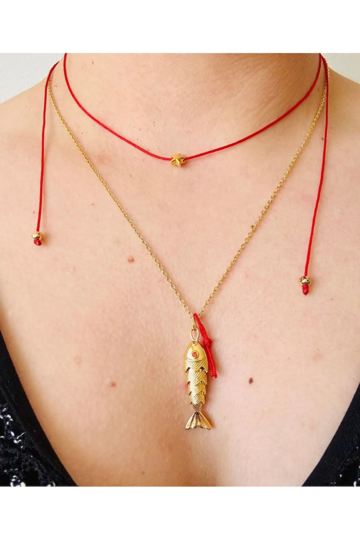 Oynar Çelik Şans Balığı ve Kırmızı İp Yıldız Kolye Seti