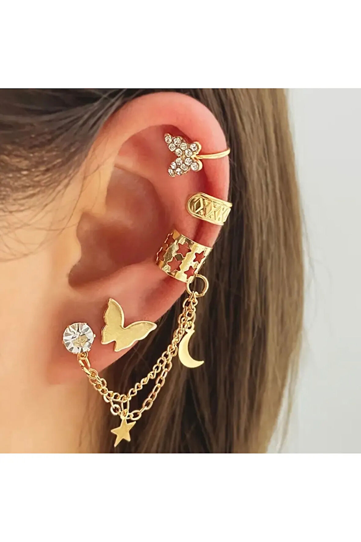 Gold Kıkırdak Küpe Seti Sallantılı Zirkon Kelebek Detaylı