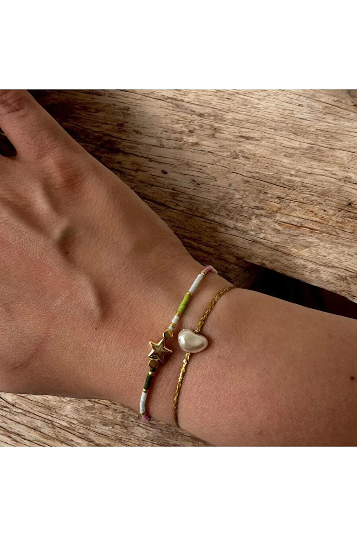 Miyuki Gold Detaylı Yıldız & Tek İncili Gold Detaylı İp Bileklik 2’li Takım