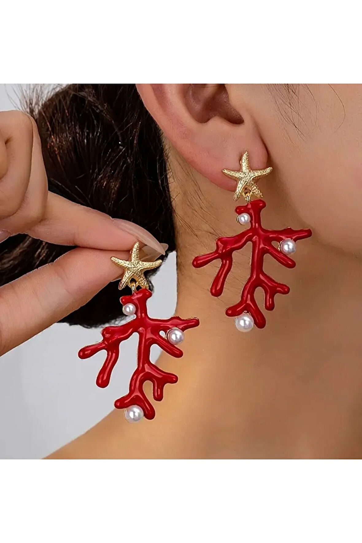 Çelik İncili Mercan Dalı Kırmızı Küpe