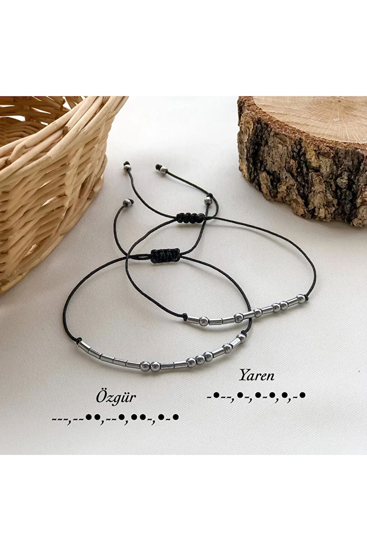 Siyah İp Gümüş 925 Ayar Mors Alfabesi Bileklik (2Adet)