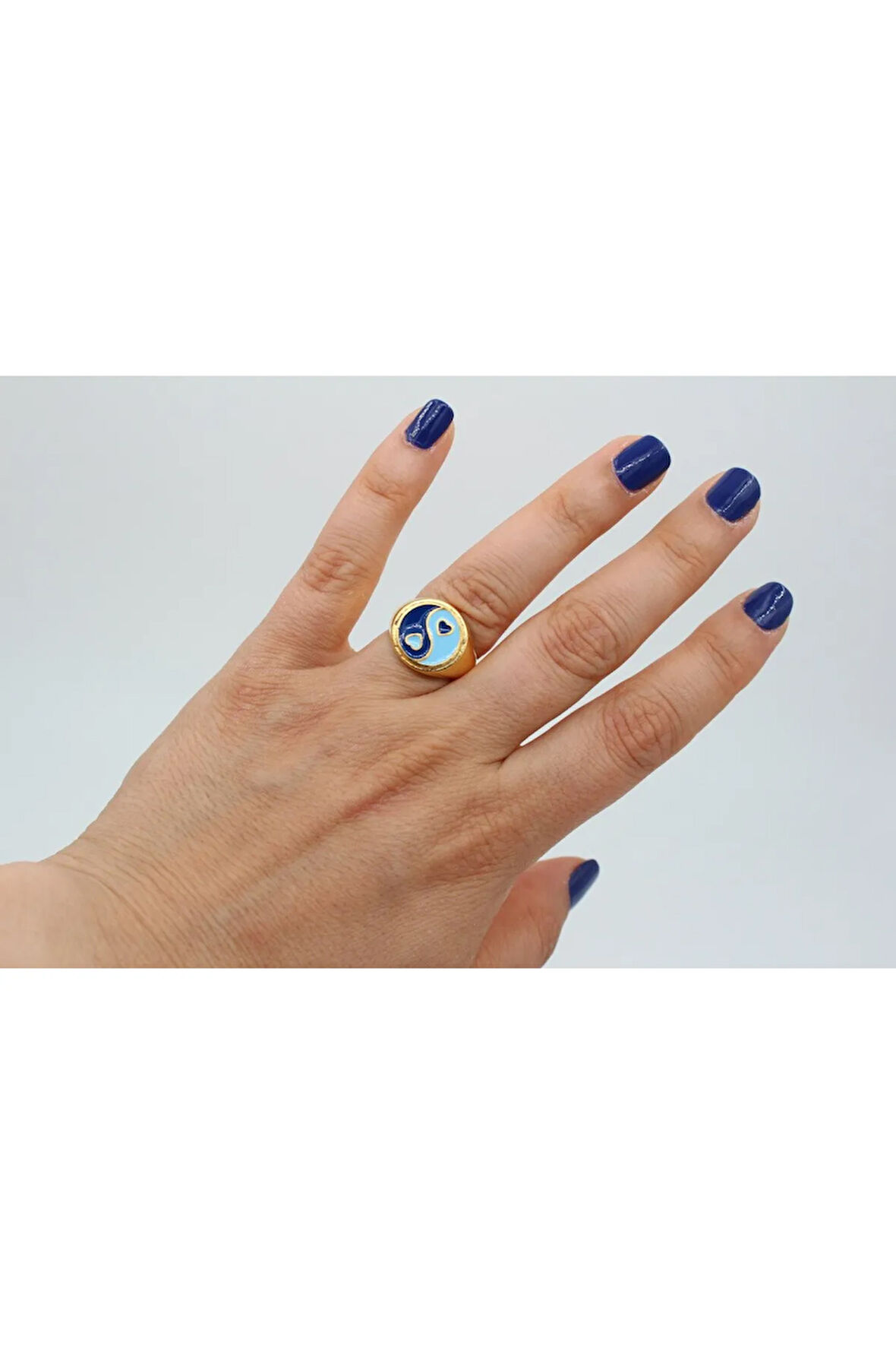 Altın Kaplama Ying Yang Mavi Lacivert Yüzük Ayarlanabilir