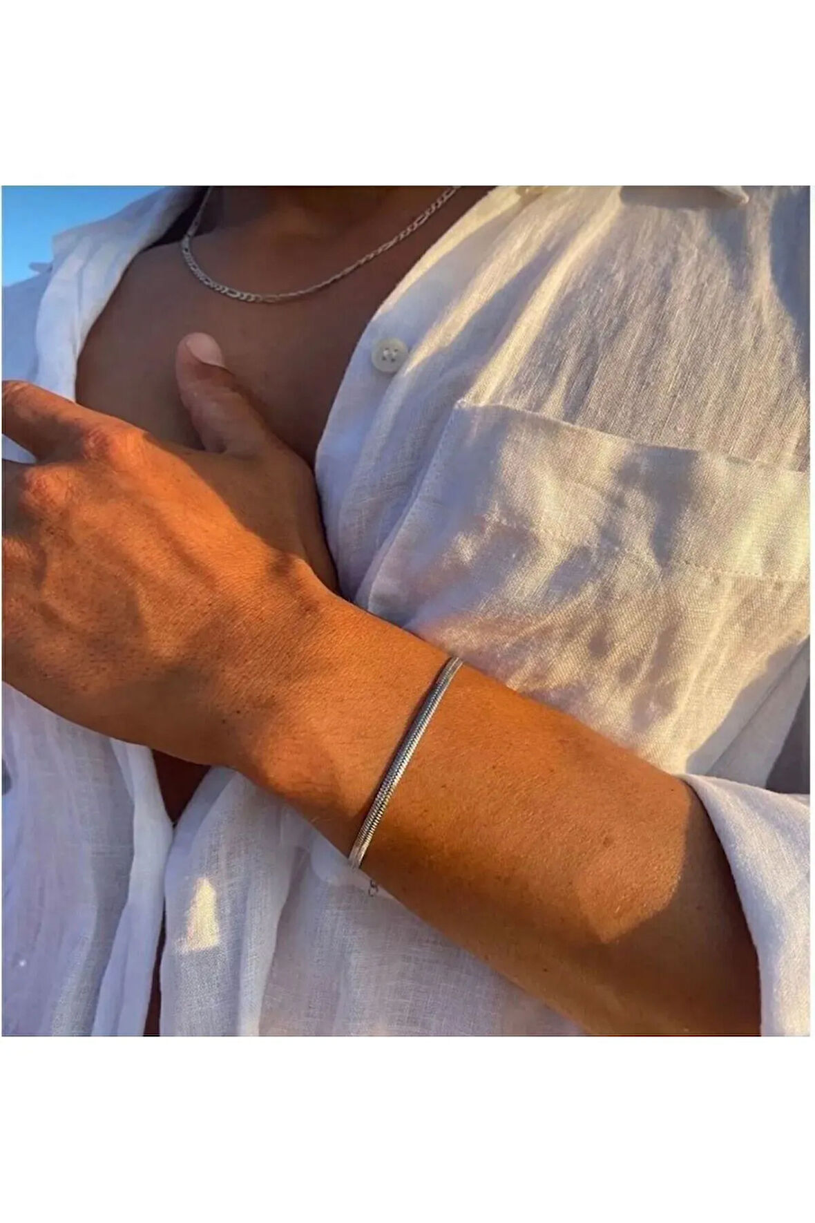 Gümüş Kaplama Italyan Zincir Erkek Bileklik Çelik Kararmaz