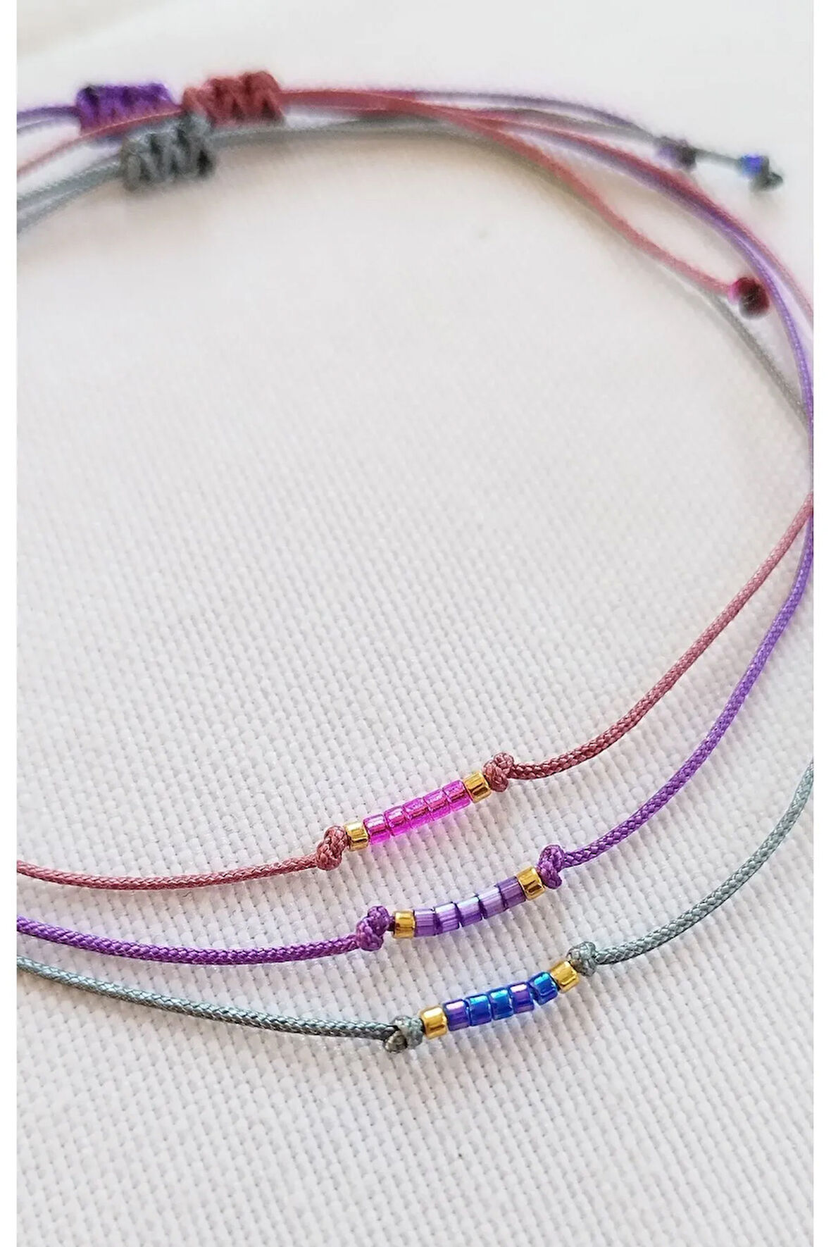 3'Lü Minimal Halhal Pembe, Mor, Mavi İpli Miyuki boncuklu