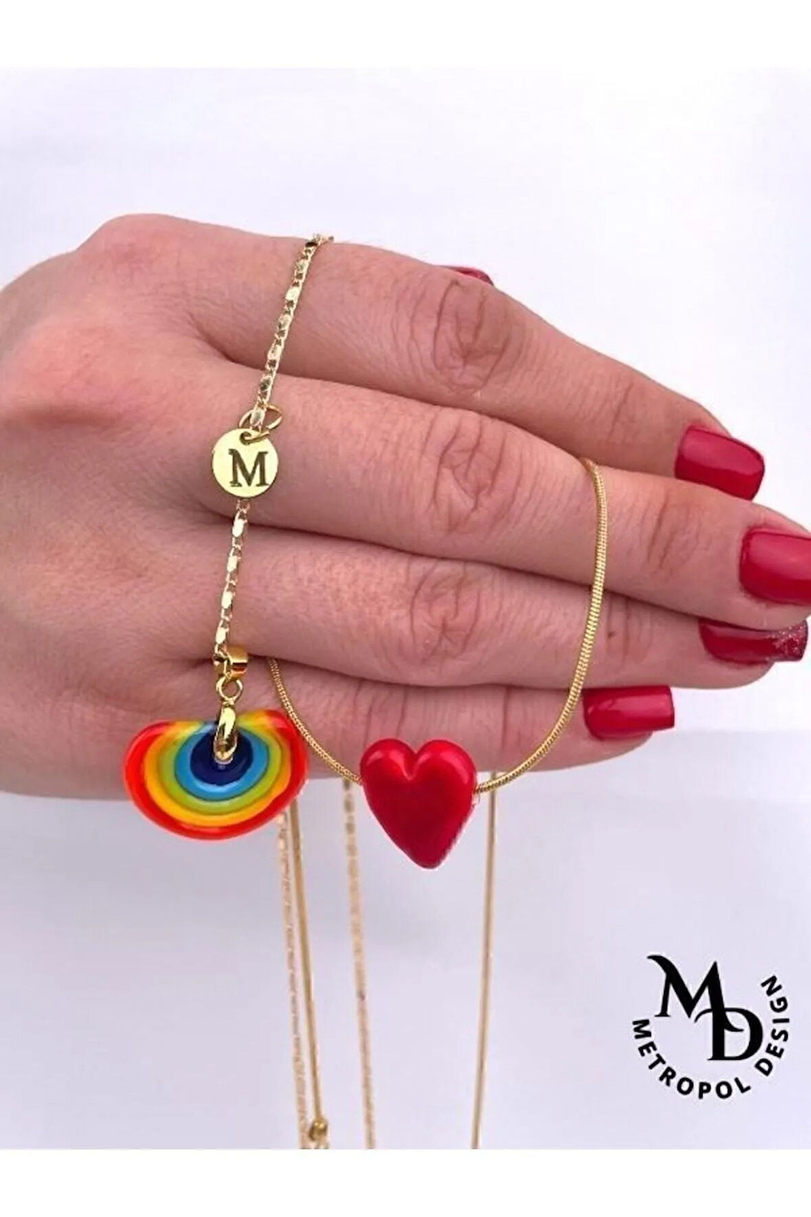 Murano Harfli Gökkuşağı Ve Kalp Kolye