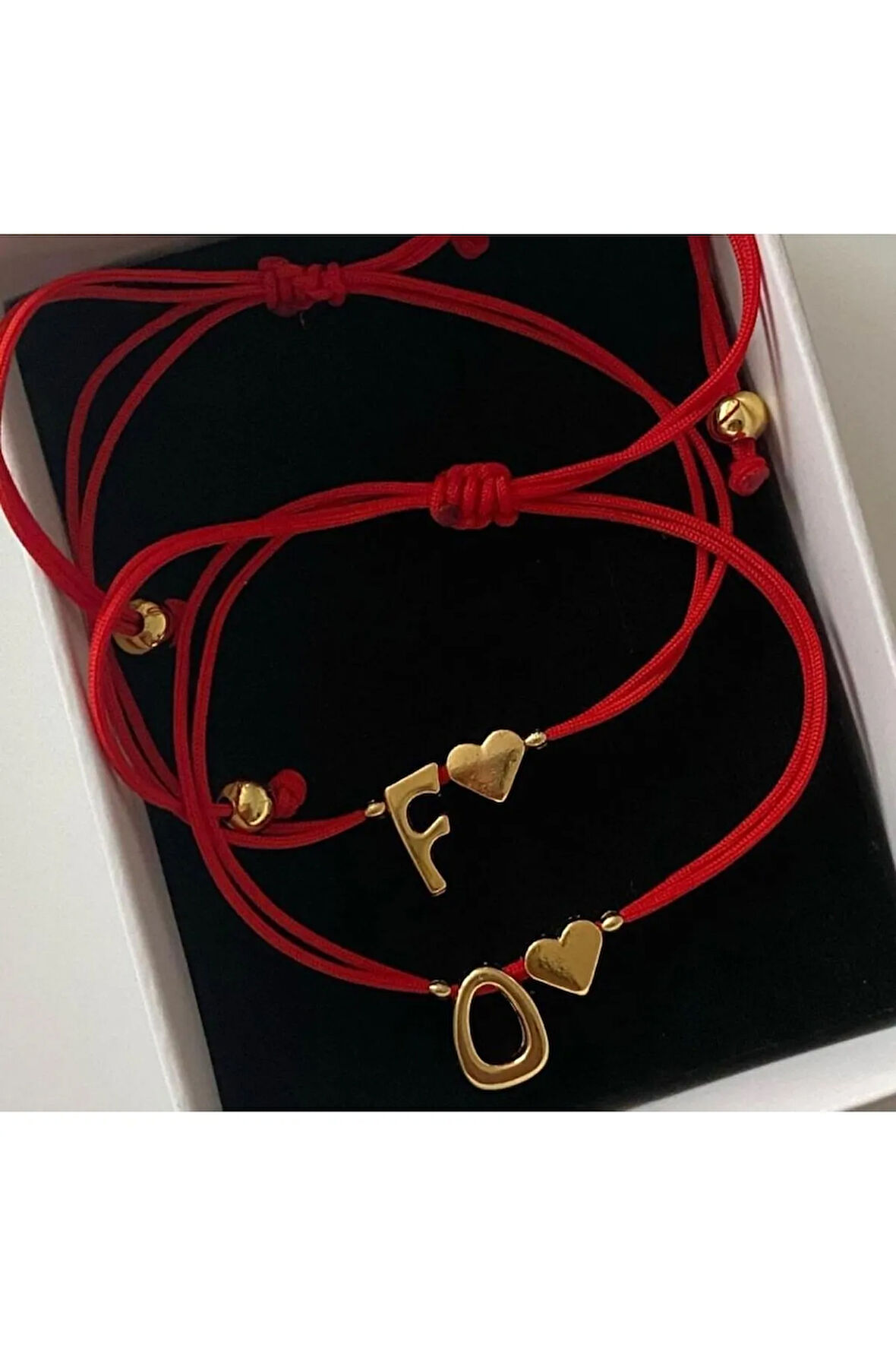 Kırmızı Ip Altın Kaplama Harf Ikili Bileklik Seti