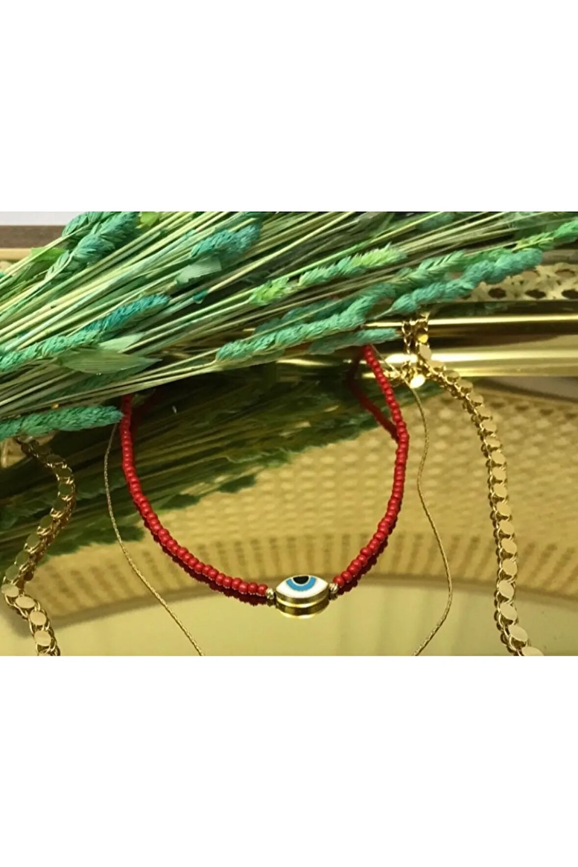 Kırmızı Altın Kaplama Mineli Göz Kolye