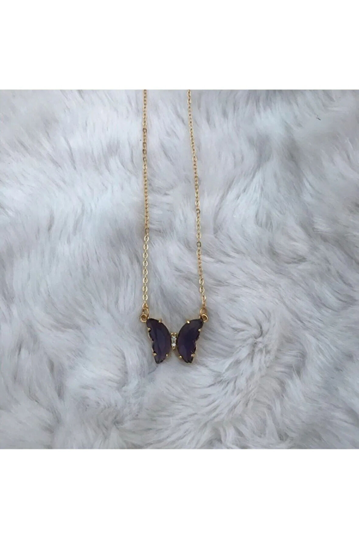 Cam Mor Kelebek Altın Kaplama Kolye