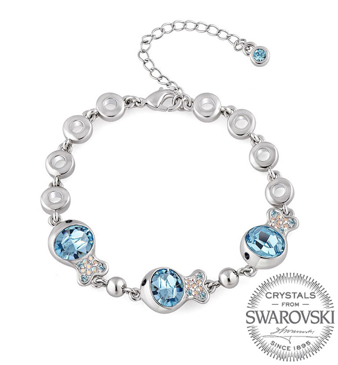  Mavi Swarovski® Taşlı Balıklı Bileklik (Altın Kaplama)