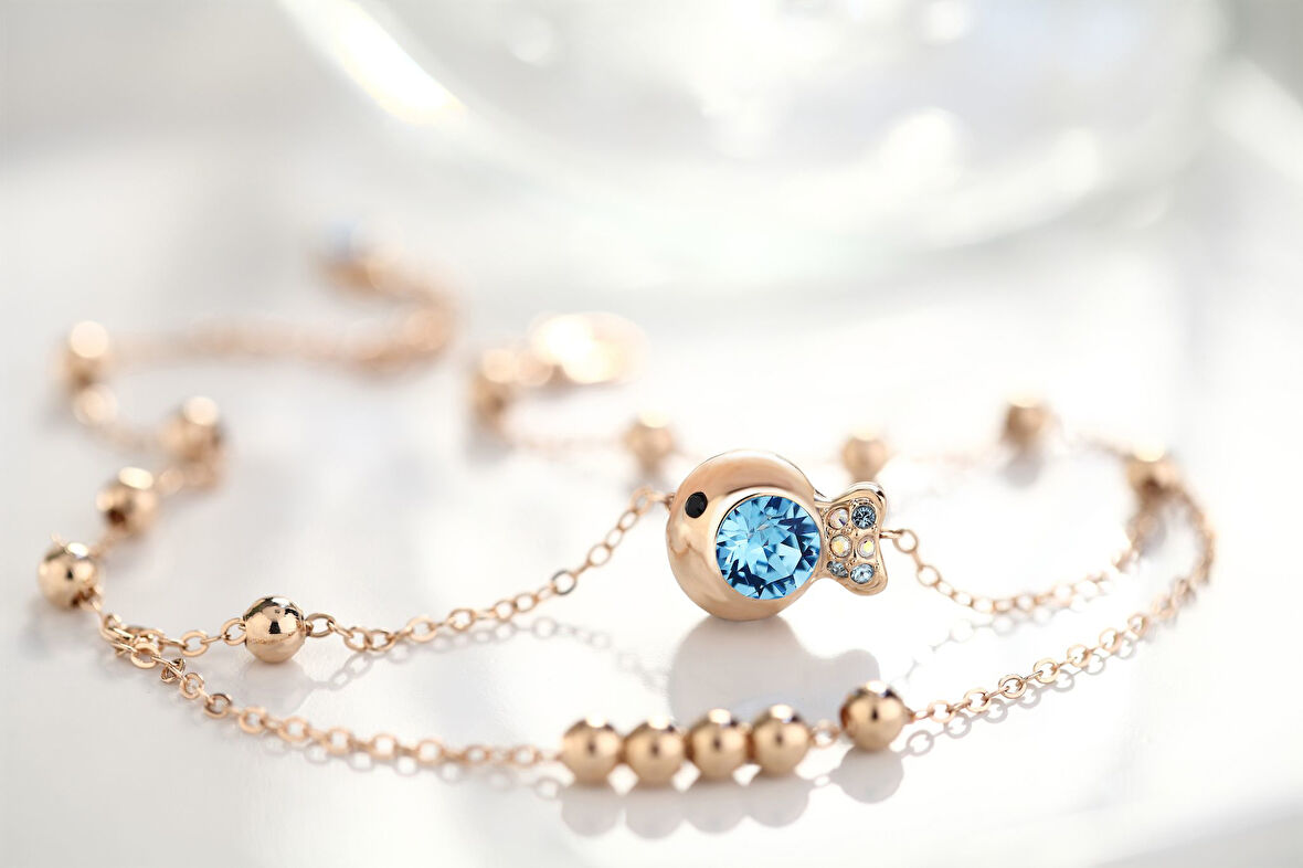 Mavi Swarovski® Taşlı Rose  Balıklı İnce Halhal (Altın Kaplama)