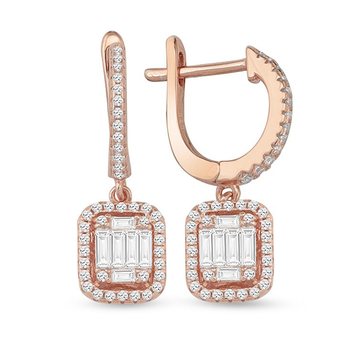   Monemel Kristal Tasli Rose Gold Gümüş Sallantılı Buyuk Baget Küpe