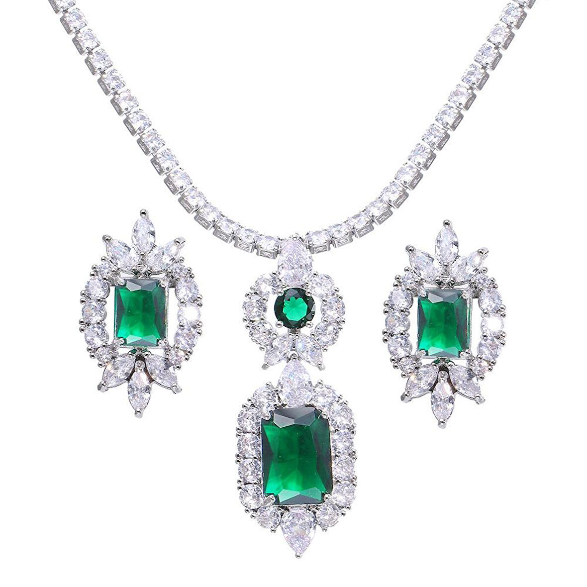 Monemel Kristal Yeşil Abiye  Kolye ve Kupe Set (Altın Kaplama)