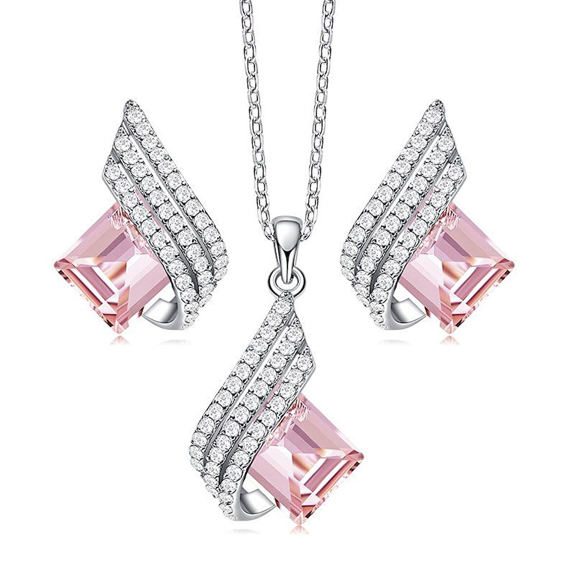 Kristal Pembe  Kolye ve Kupe Set (Altın Kaplama)