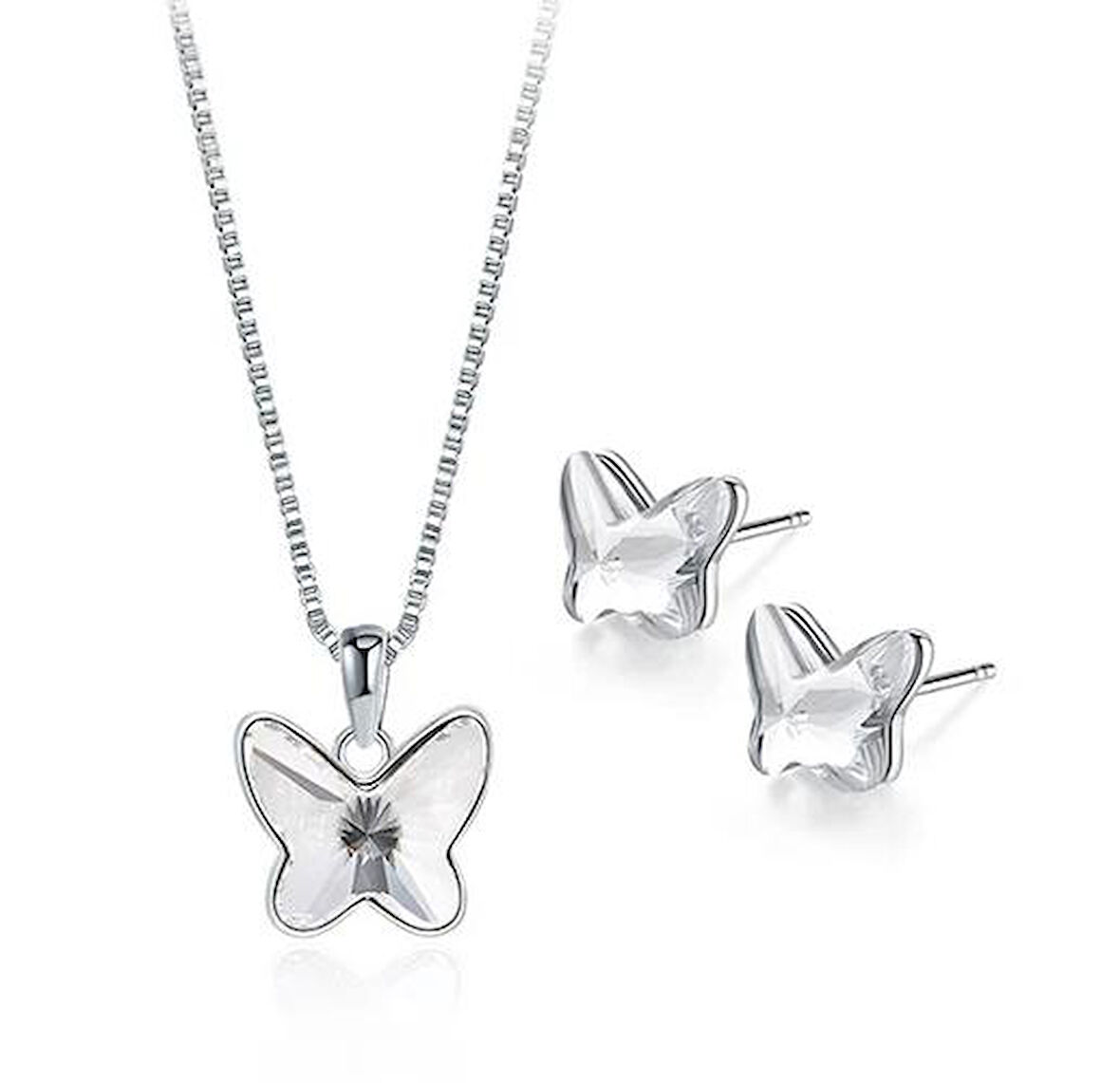 Monemel Kristal Beyaz Taşlı Kelebek Kolye Küpe Set (Altın Kaplama)