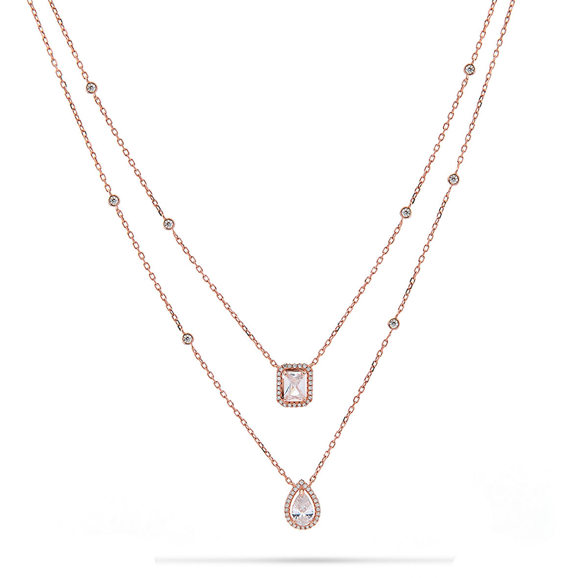 Monemel Kristal Taşlı Baget Çiftli Kolye Rose Gold (Altın Kaplama) 