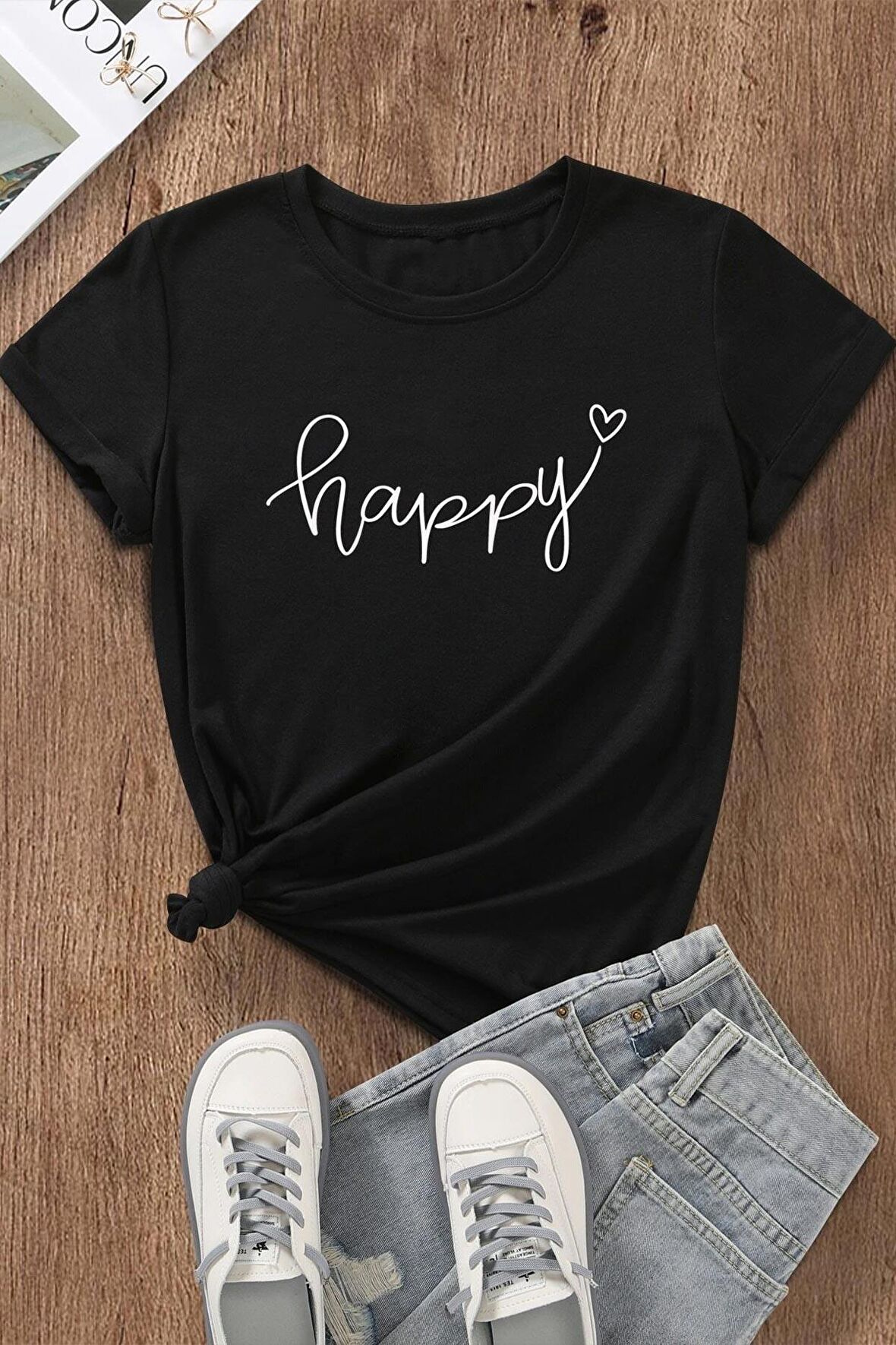 Happy Unisex Siyah Oversize T-Shirt - Özgün Baskı ve Geniş Kesim