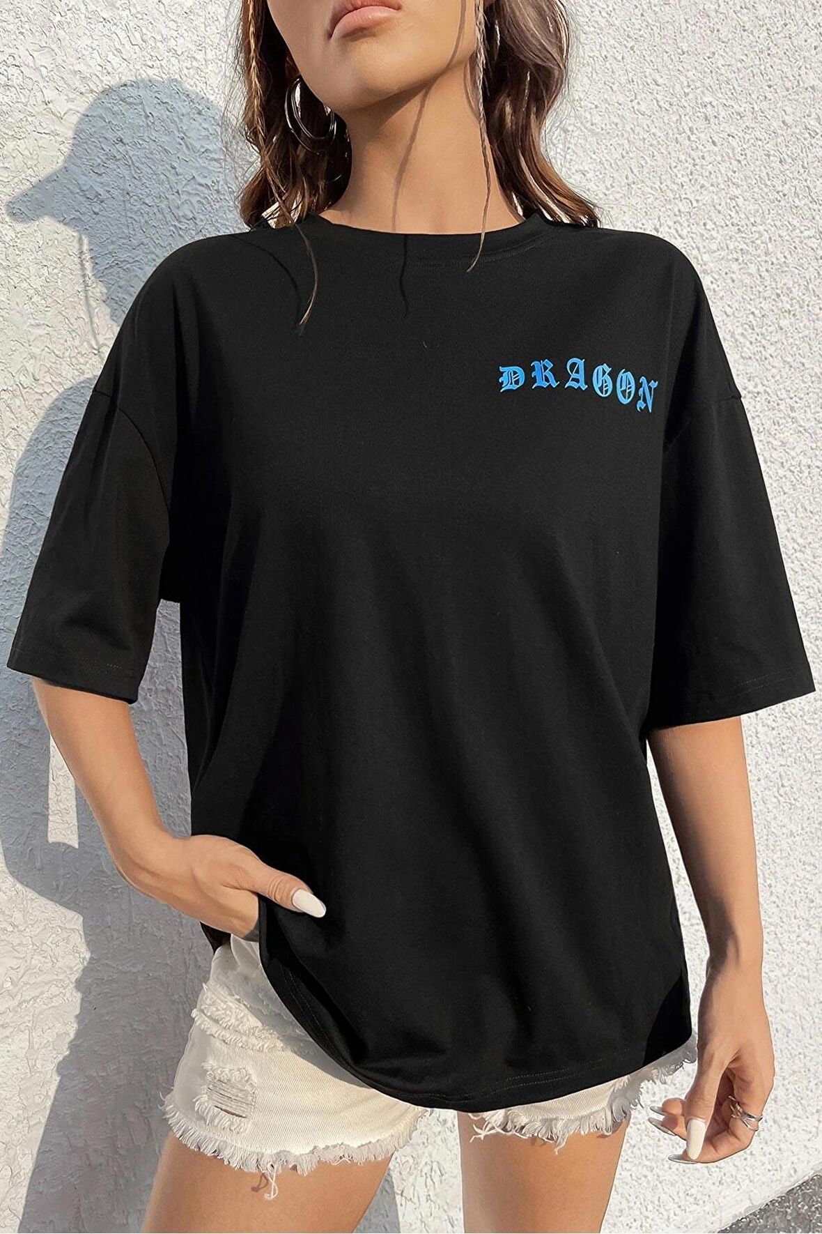 Dragon Unisex Siyah Oversize T-Shirt - Özgün Baskı ve Geniş Kesim