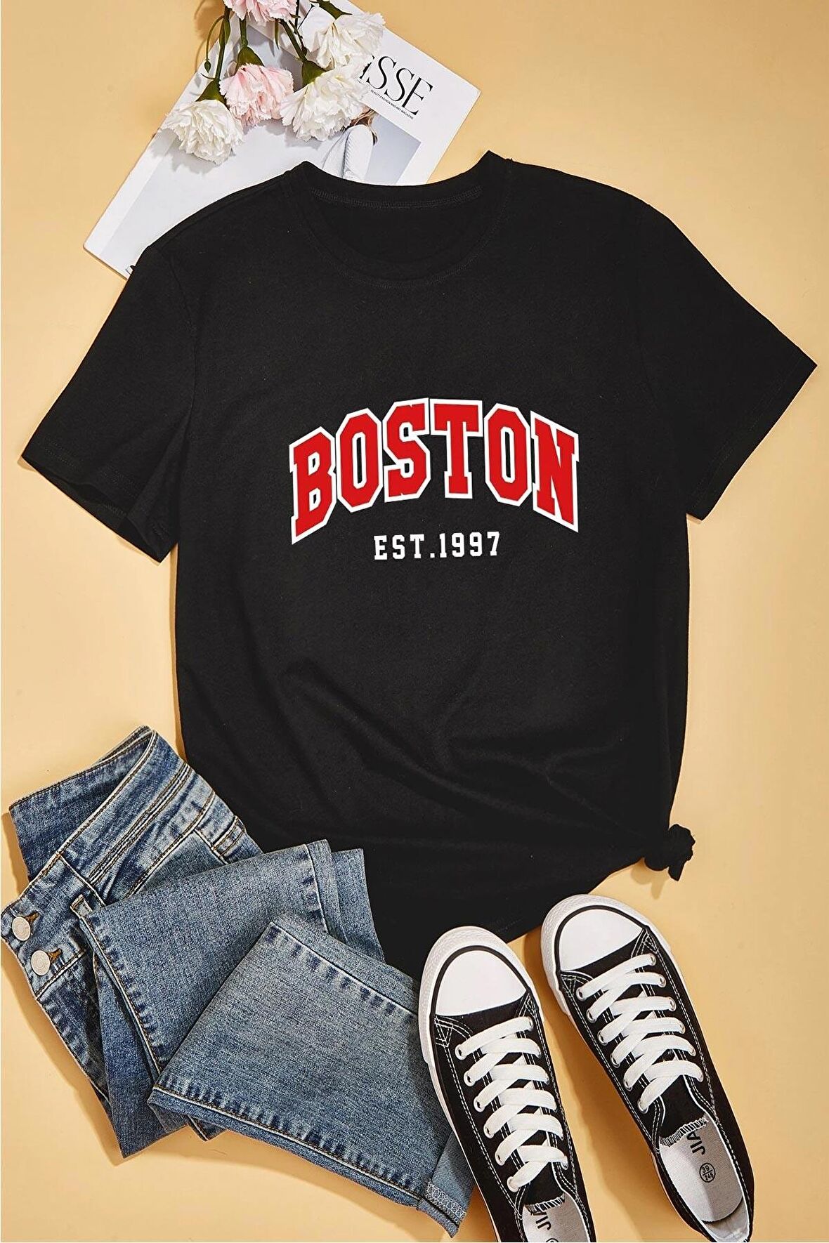 Boston Siyah Oversize Baskılı T-Shirt - Unisex