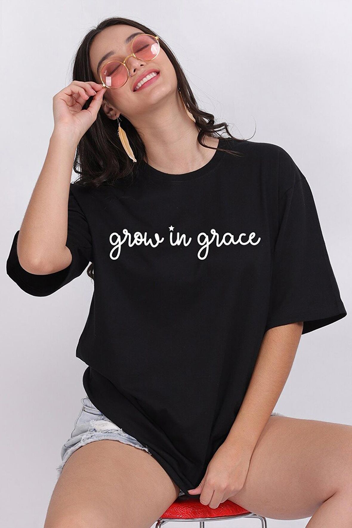 Grace Siyah Oversize Baskılı T-Shirt - Unisex