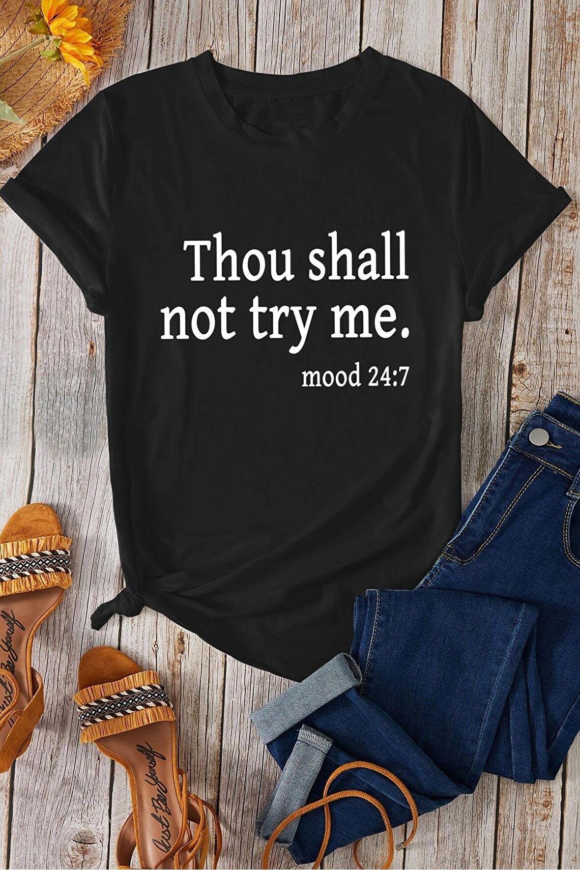 Thou Shall Unisex Siyah Oversize T-Shirt - Özgün Baskı ve Geniş Kesim