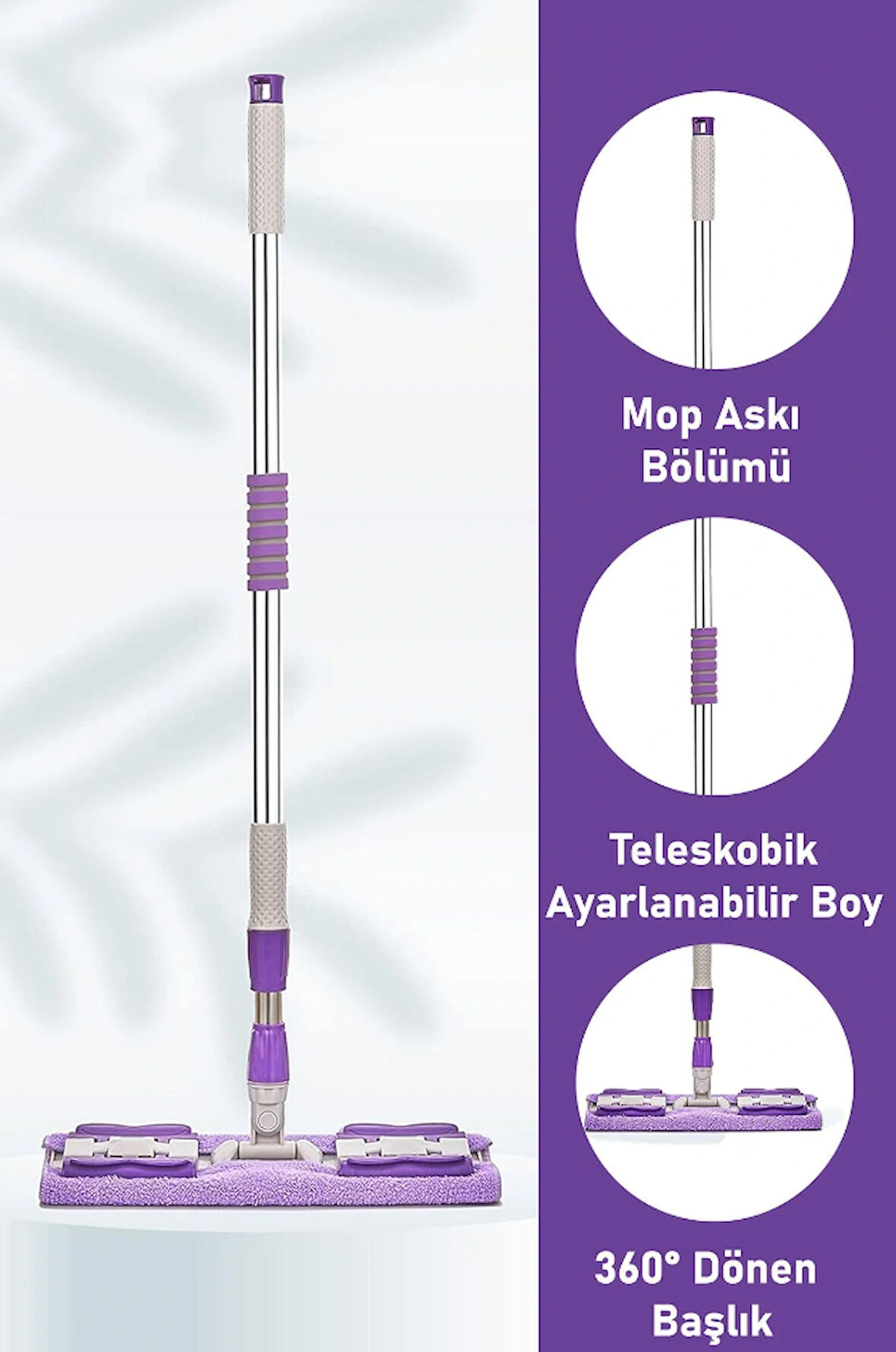 QASULYedek Mikrofiber Bezli Mandallı Mop, Sıkıştırmalı, Uzayabilir Teleskopik Saplı, 360 Derece Dönebilir Zemin ve Duvar Temizlik