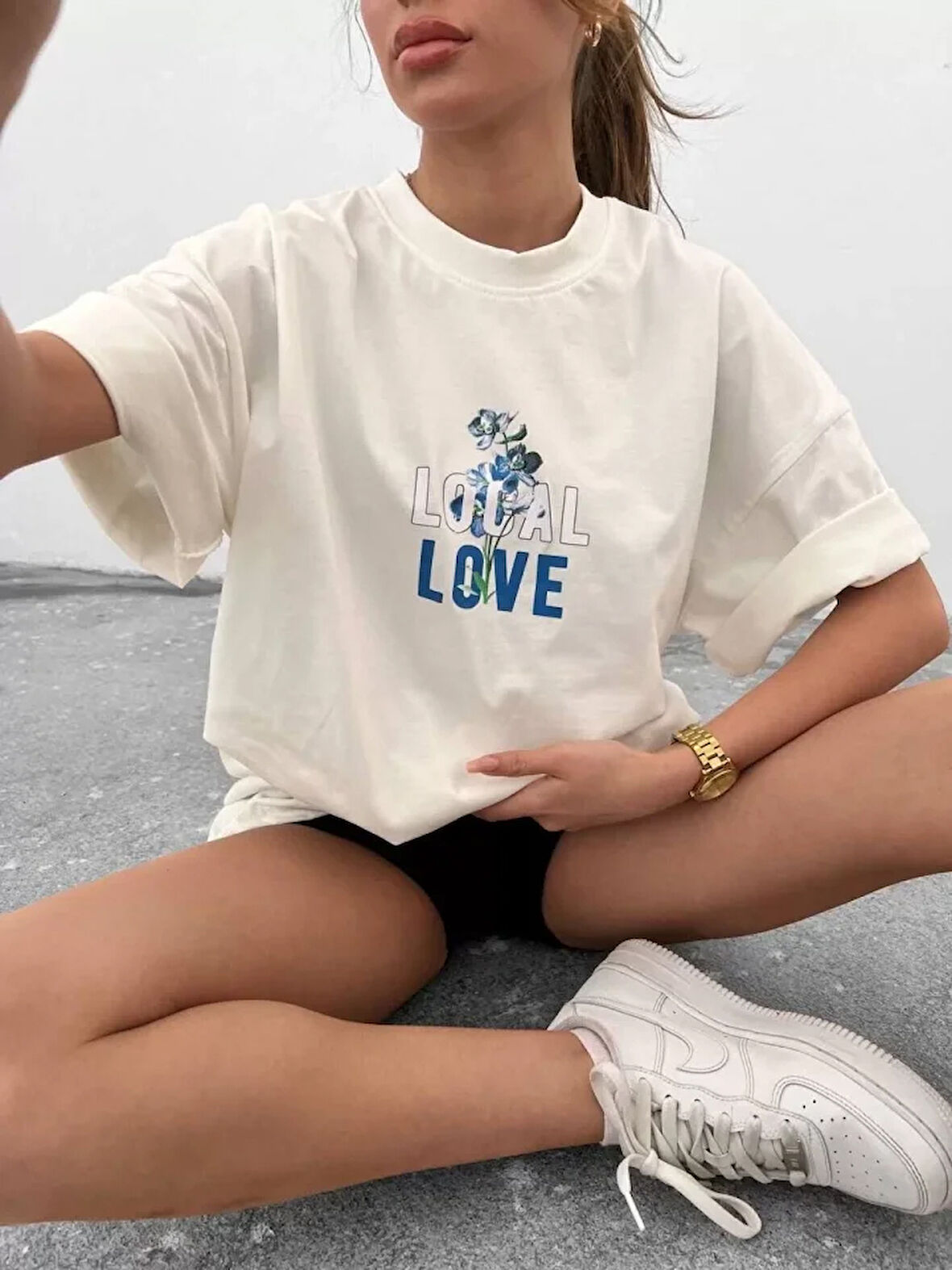 MOONFER Unisex Bisiklet Yaka Baskılı Oversize T-Shirt - Beyaz