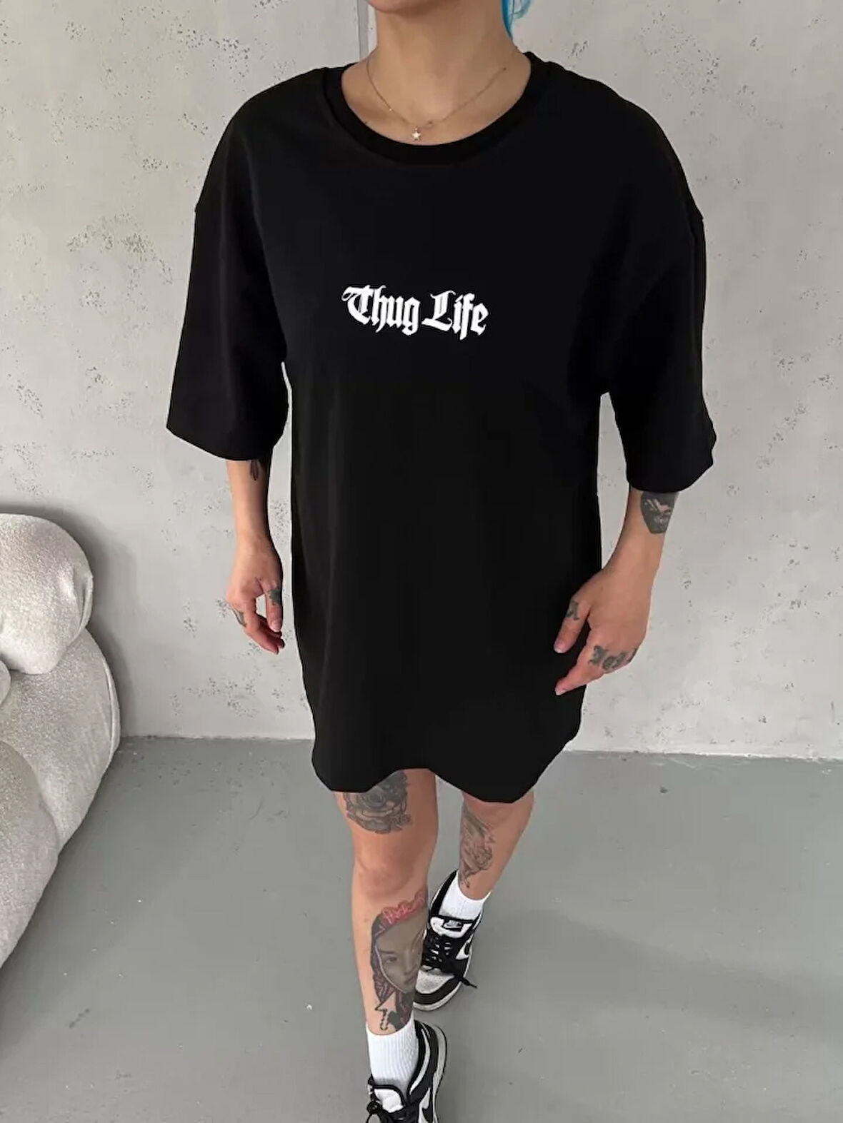 MOONFER Unisex Bisiklet Yaka Baskılı Oversize T-Shirt - Siyah