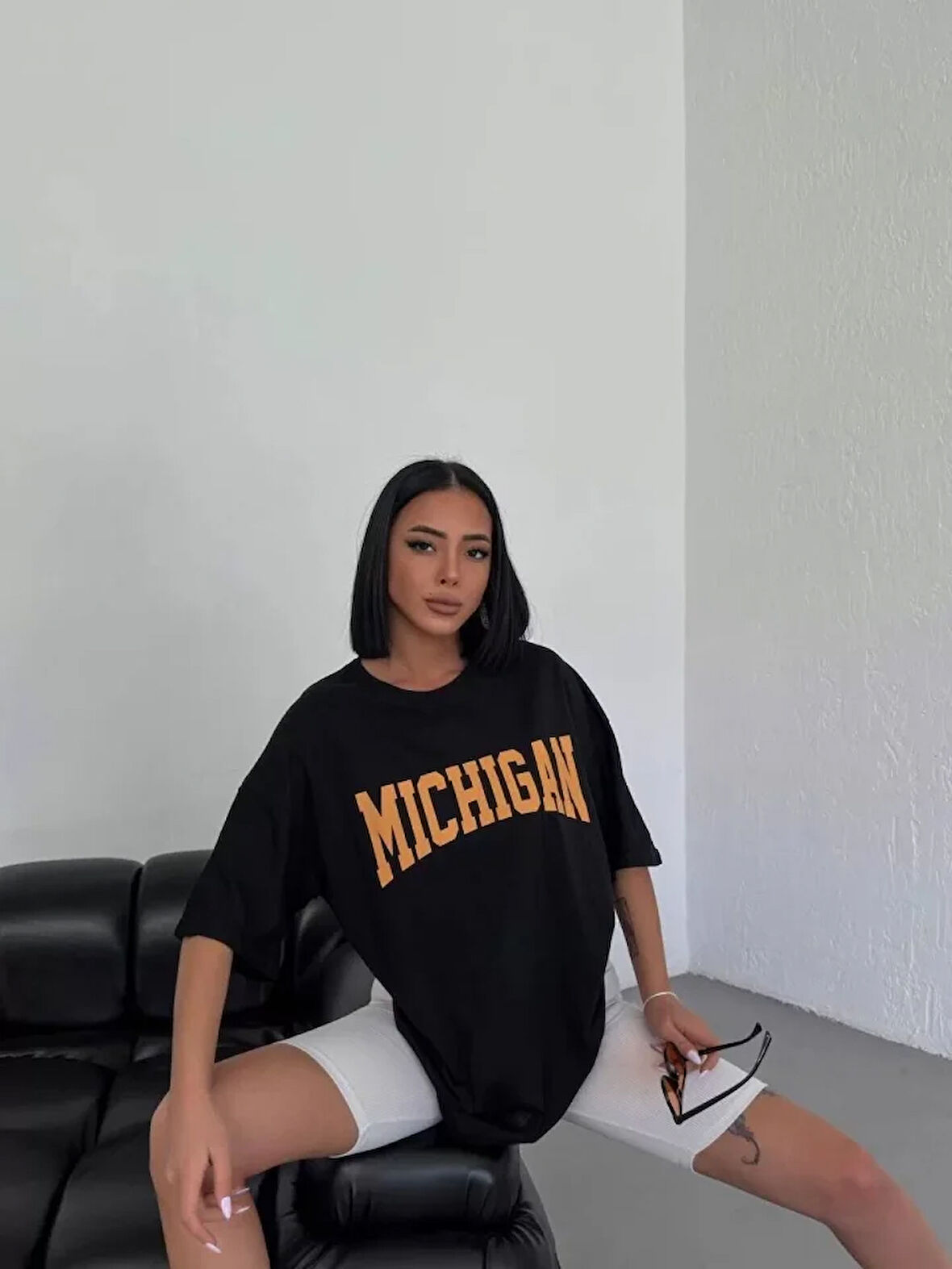 MOONFER Unisex Bisiklet Yaka Baskılı Oversize T-Shirt - Beyaz