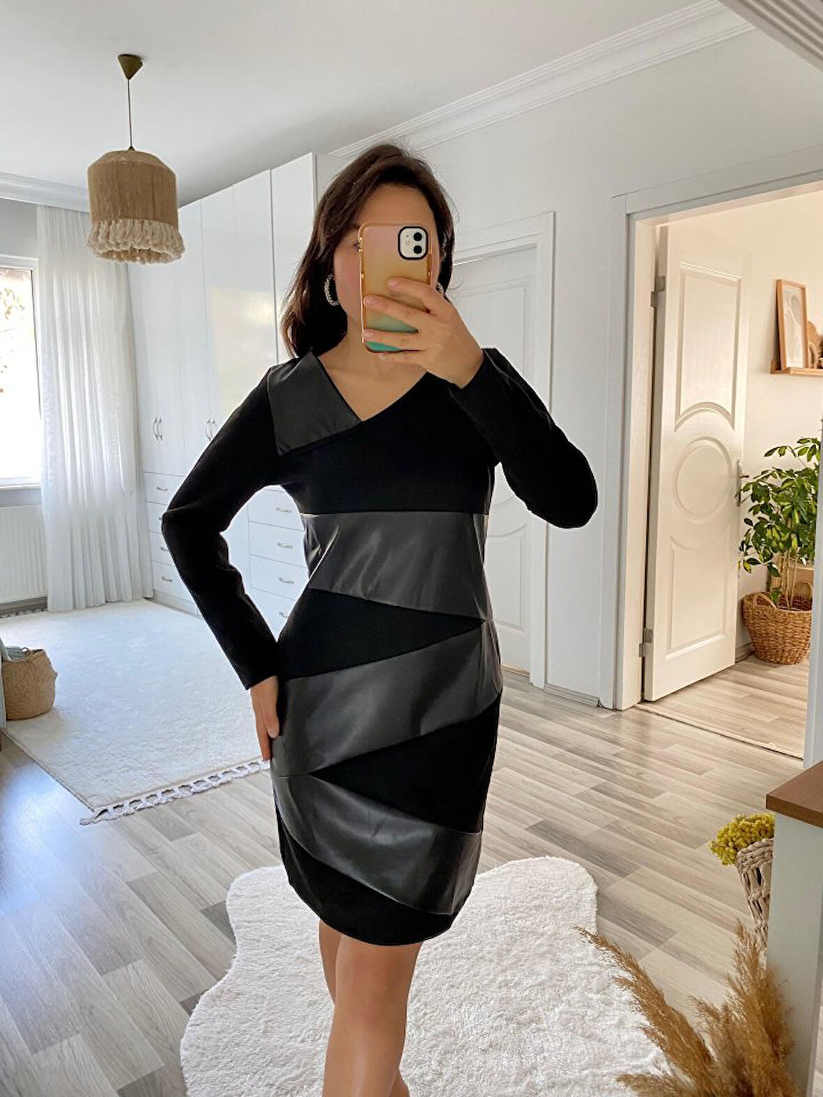 MOONFER Kadın Uzun Kollu Asimetrik Yaka Süet Ve Deri Mini Boy Elbise