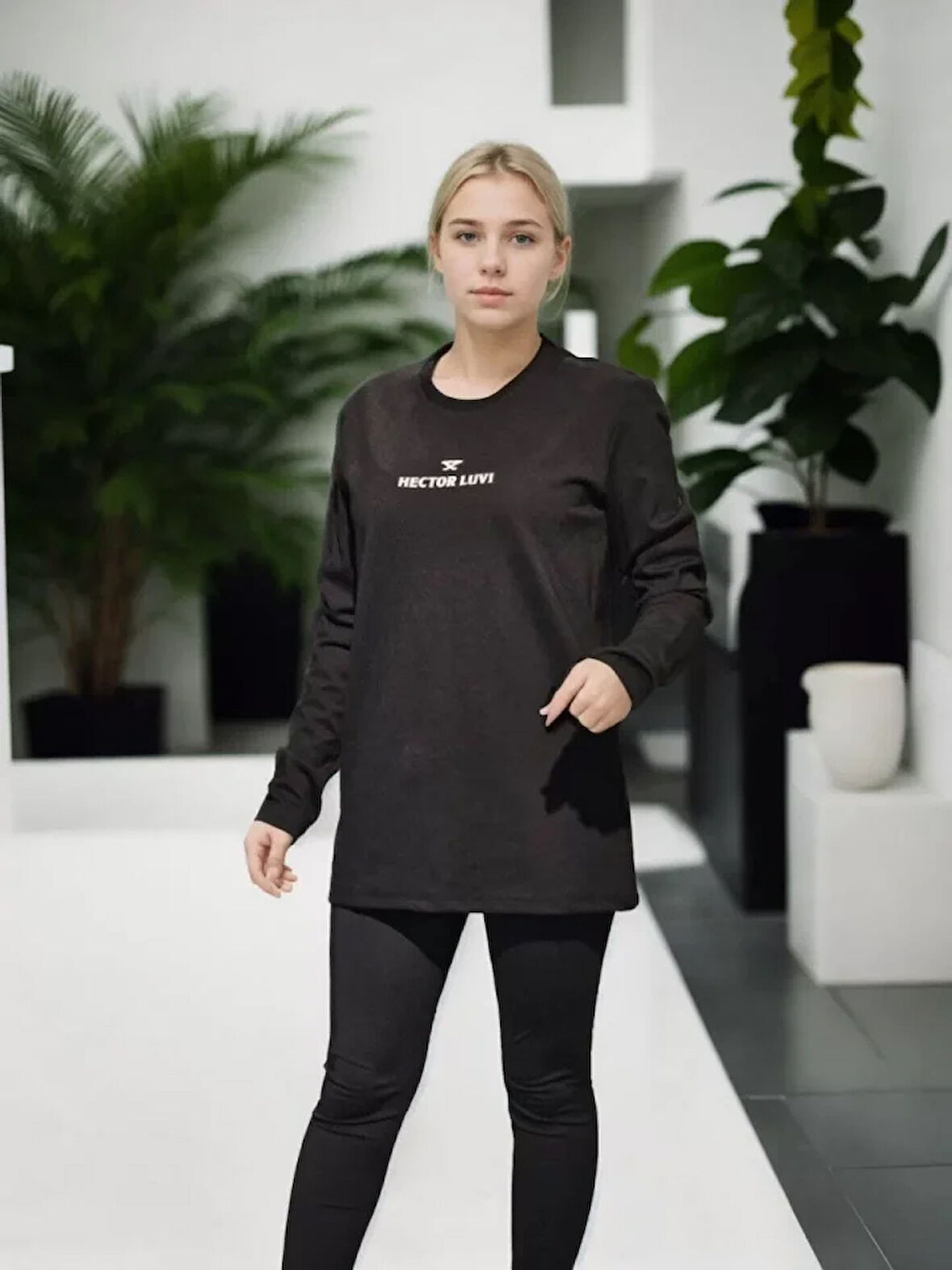 MOONFER Unisex Bisiklet Yaka Uzun Kollu T-Shirt - Siyah