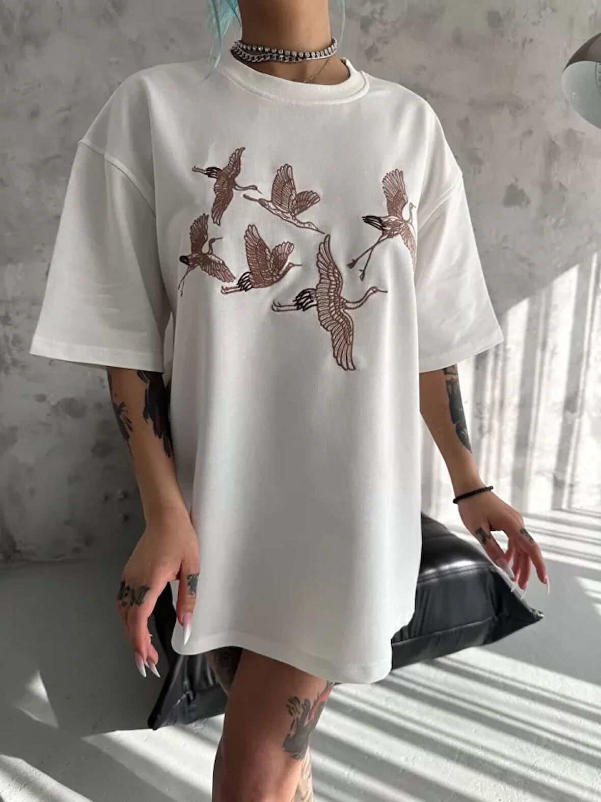 MOONFER Unisex Nakış İşlemeli T-Shirt - Beyaz