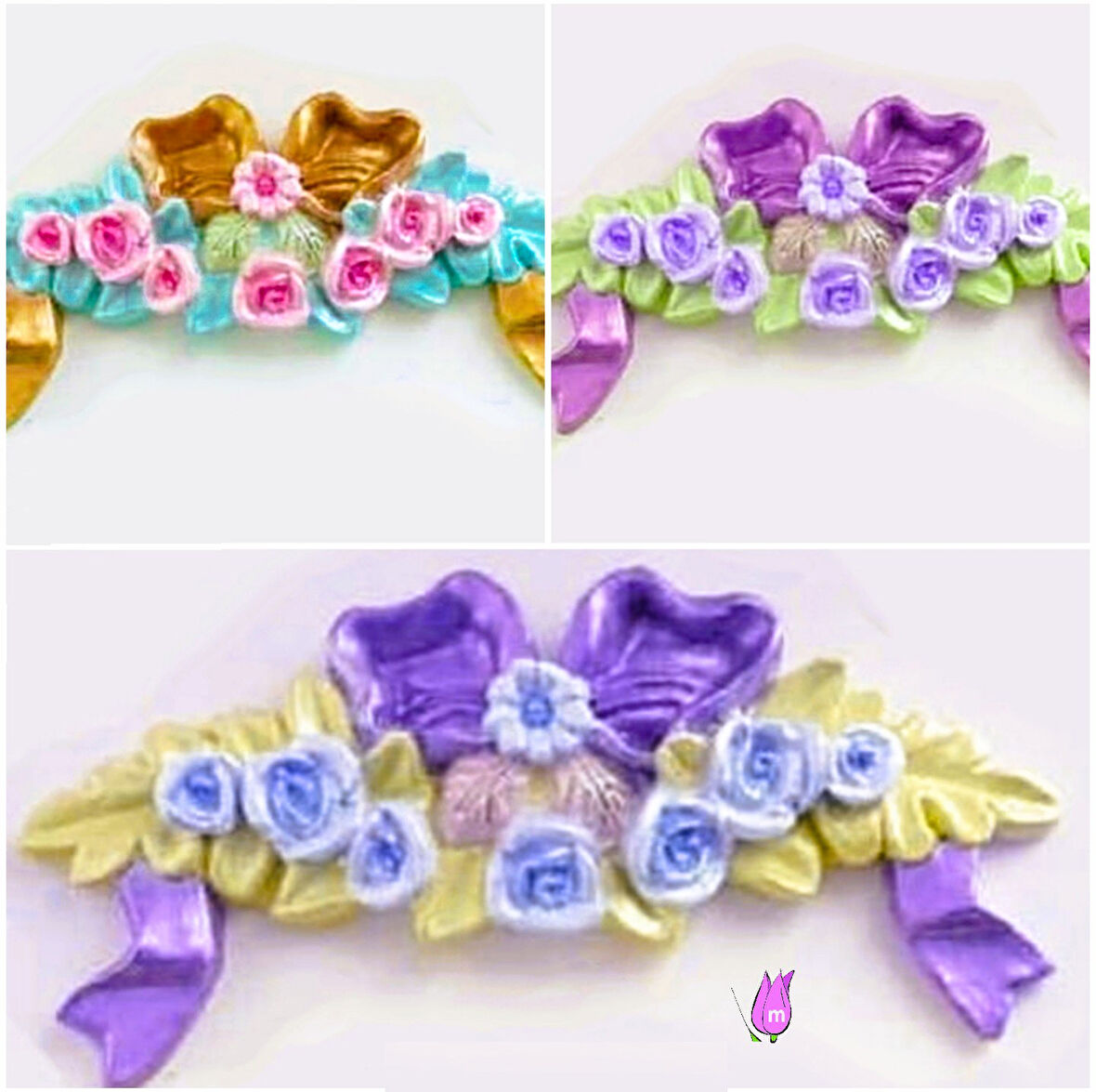 Kurdele Gül Çiçekli 15cm Aplik Dekor Silikon Kalıp K-032, Polyester Çimento Mum Alçı Kalıbı