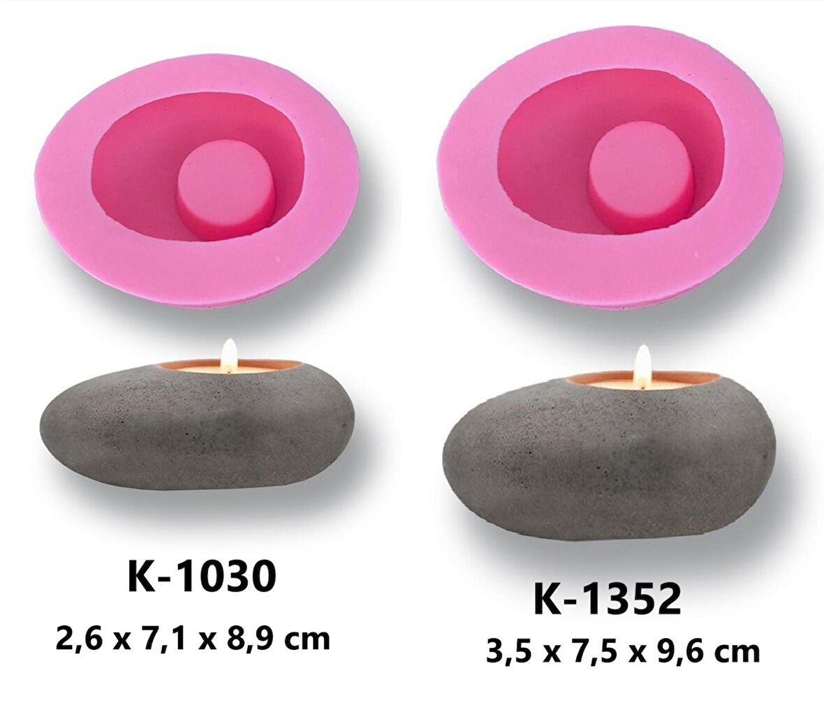 2'li Çakıl Taşı Tealight Mumluk Silikon Kalıp Seti K-1392, Kokulu Taş Sabun Alçı Mum Kalıbı