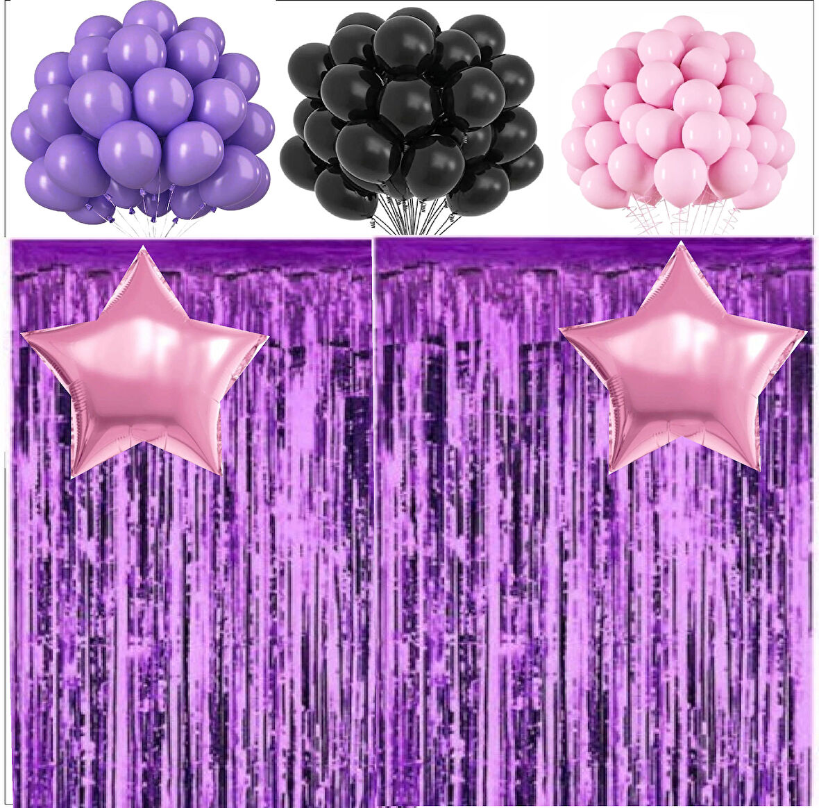 Mor, Siyah, Pembe Pastel Balon, 2 adet Pembe Yıldız Balon, 2 Adet Mor Arka Fon