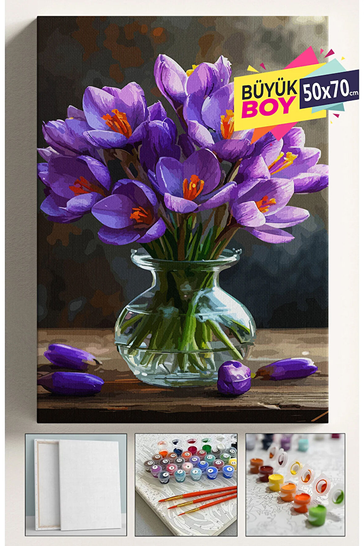 Sayılarla Boyama Seti Numaralı Tuval Fırça Boya Dahil Kasnaklı Set 50x70 Cm - MOR VAZO ÇİÇEKLER