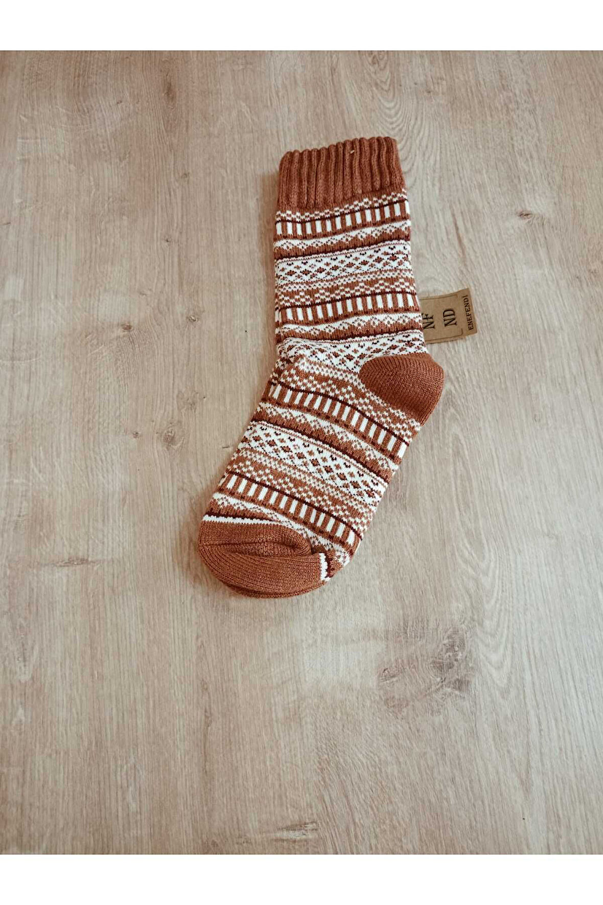 HAVLULU KIŞLIK YUMUŞAK SICAK YILBAŞI MOTİF DESENLİ ETNİK KADIN ÇORABI PAMUKLU TABA BEYAZ ÇORAP