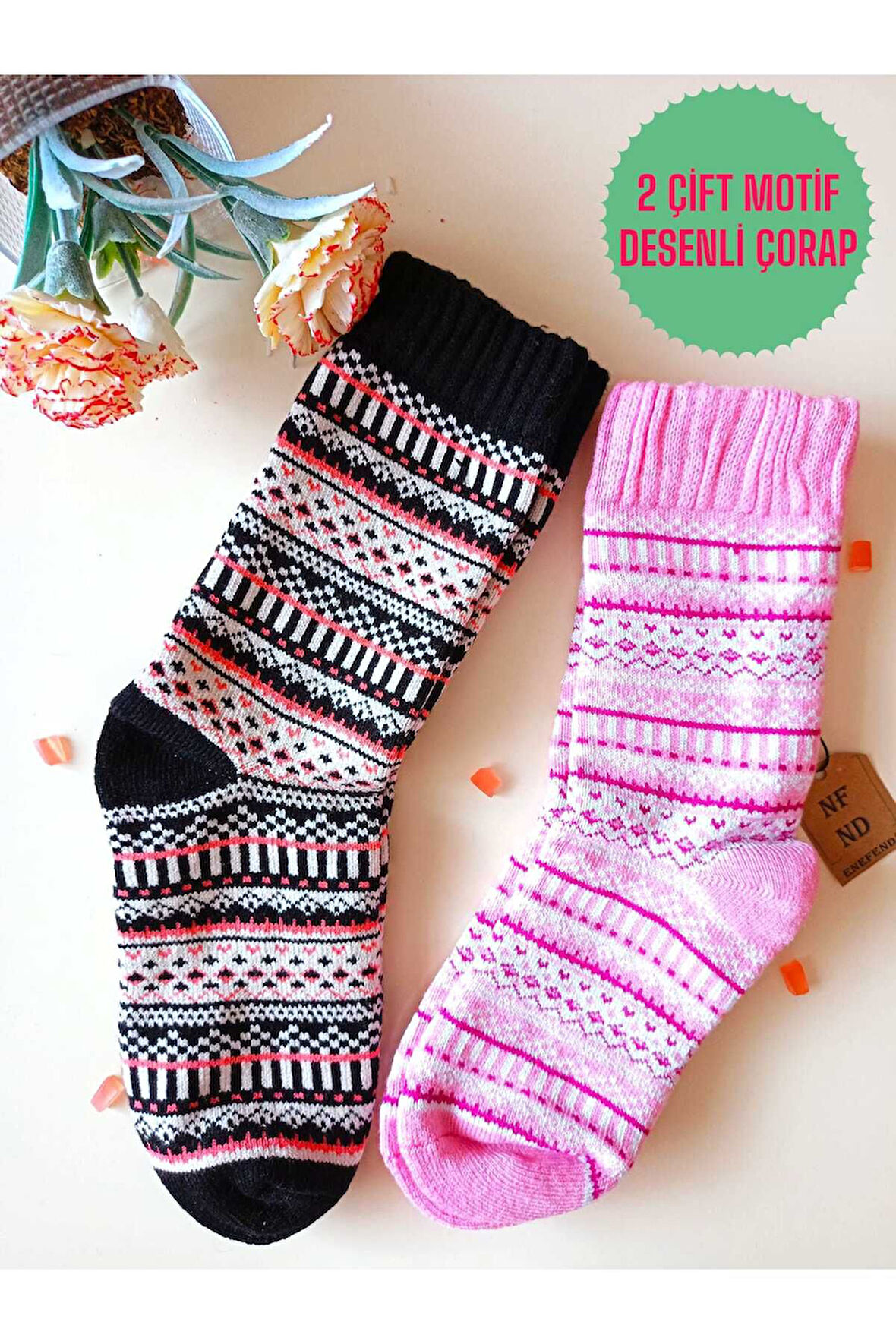 2 ÇİFT KALIN KIŞLIK YUMUŞAK ÇORAP YILBAŞI MOTİF ETNİK DESENLİ KADIN ÇORABI PEMBE KIRMIZISİYAH 36-40